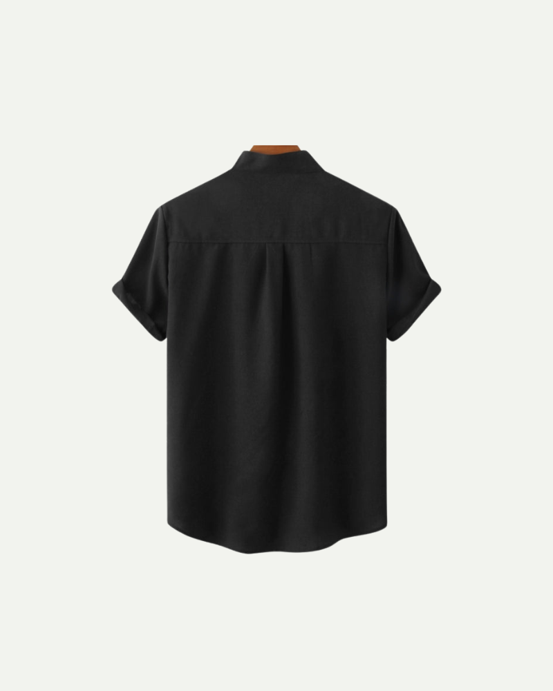 Back of Black short-sleeve shirt on a white background
