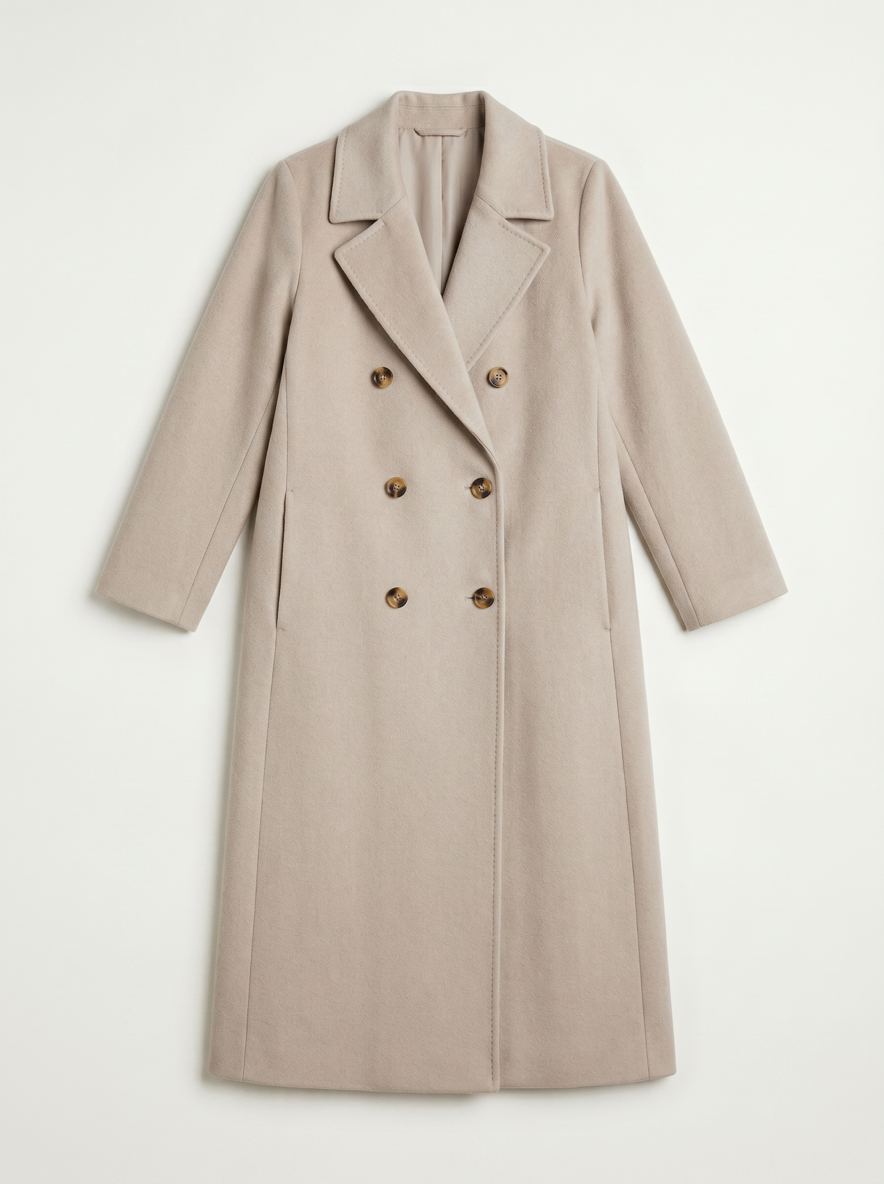 Beige double-breasted wool coat flat lay