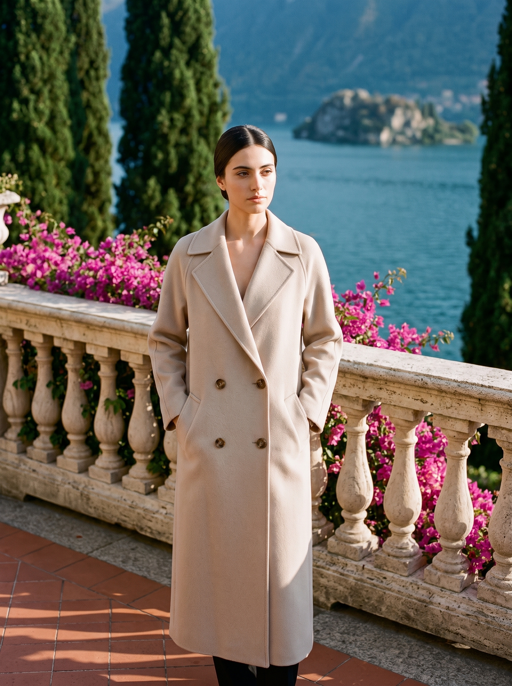 Beige double-breasted wool coat full length front view