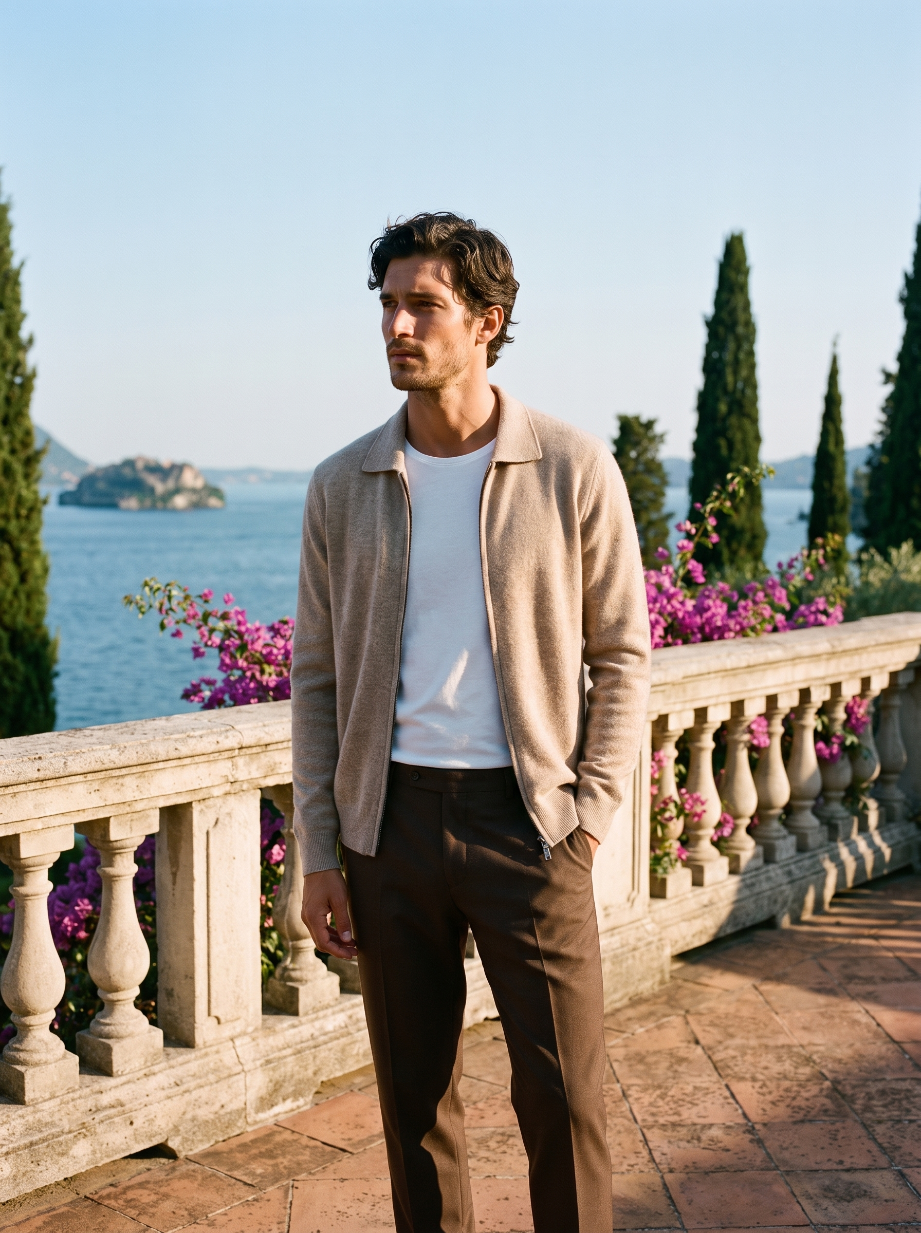 Full body view of a man in a beige wool zip-up collared cardigan and brown trousers on a Lake Como terrace — Aveloire