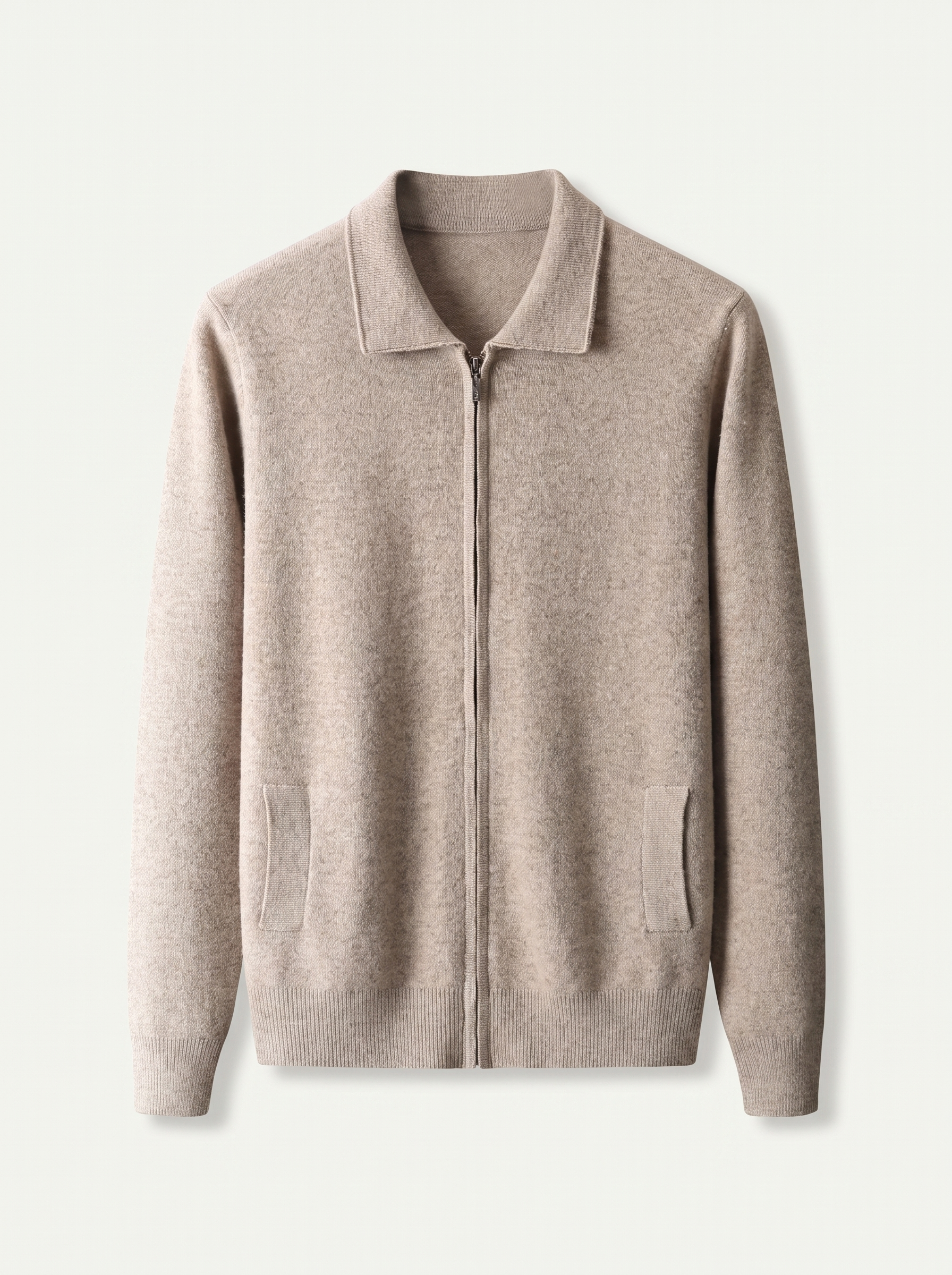 Beige mercerized wool zip-up collared cardigan, flat lay product photo — Laurent by Aveloire