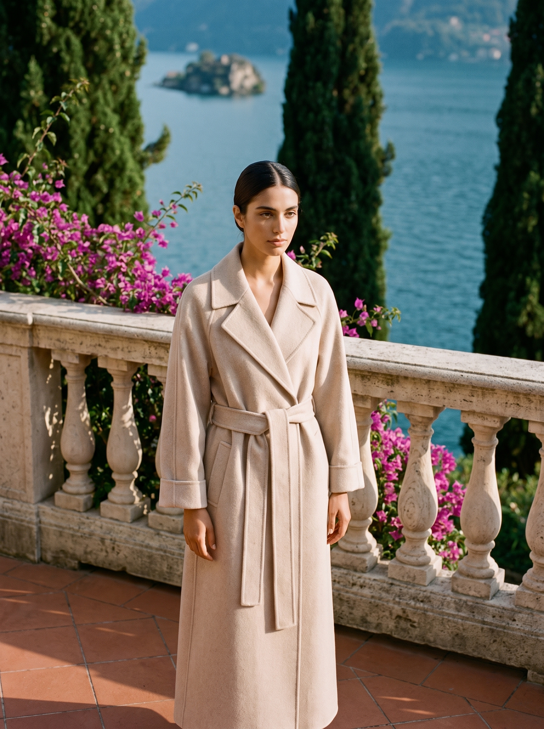 Beige belted wool wrap coat full length front view