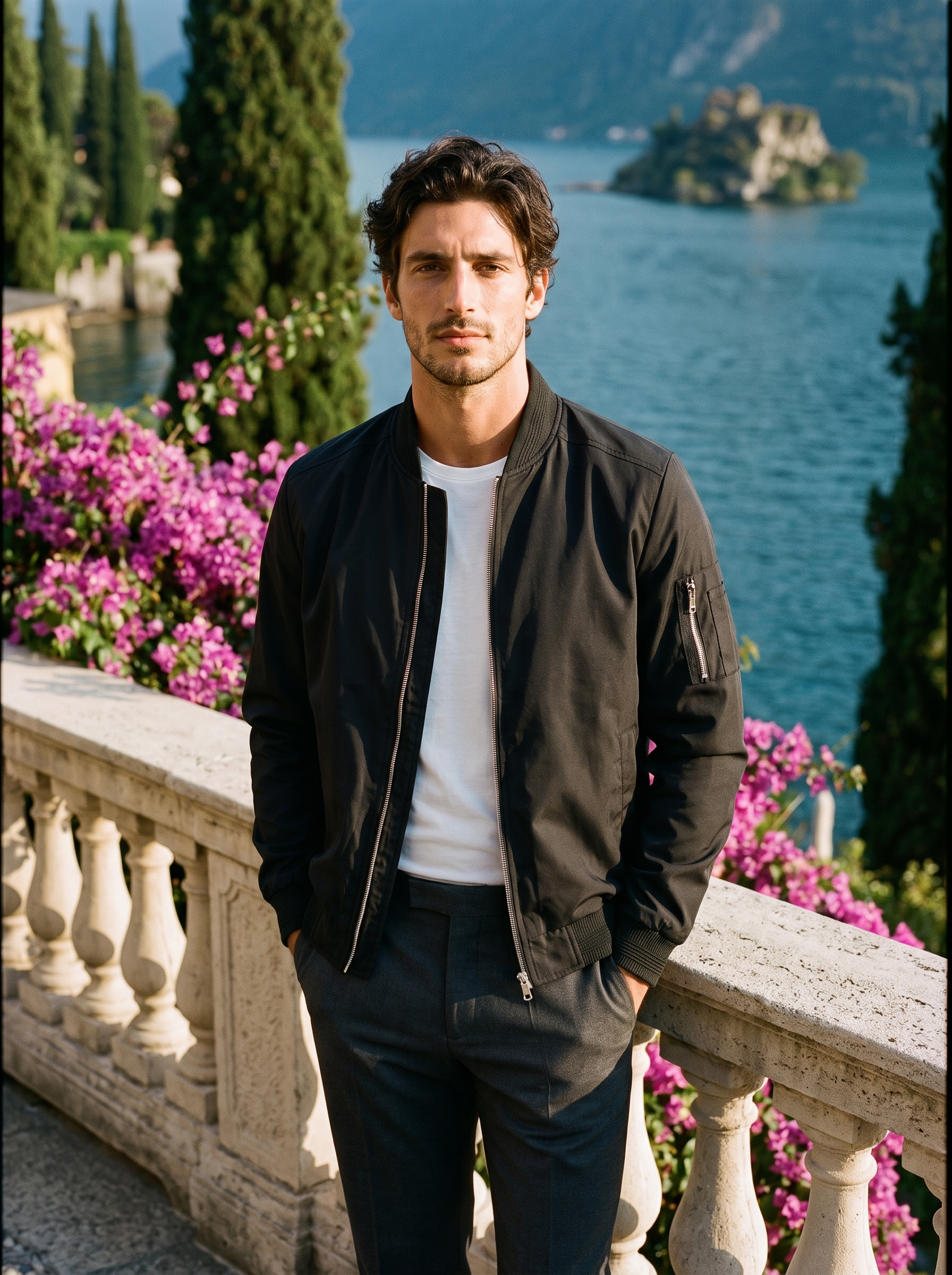 Man wearing a black bomber jacket, full-length front view on a Lake Como terrace, old money style — Aveloire