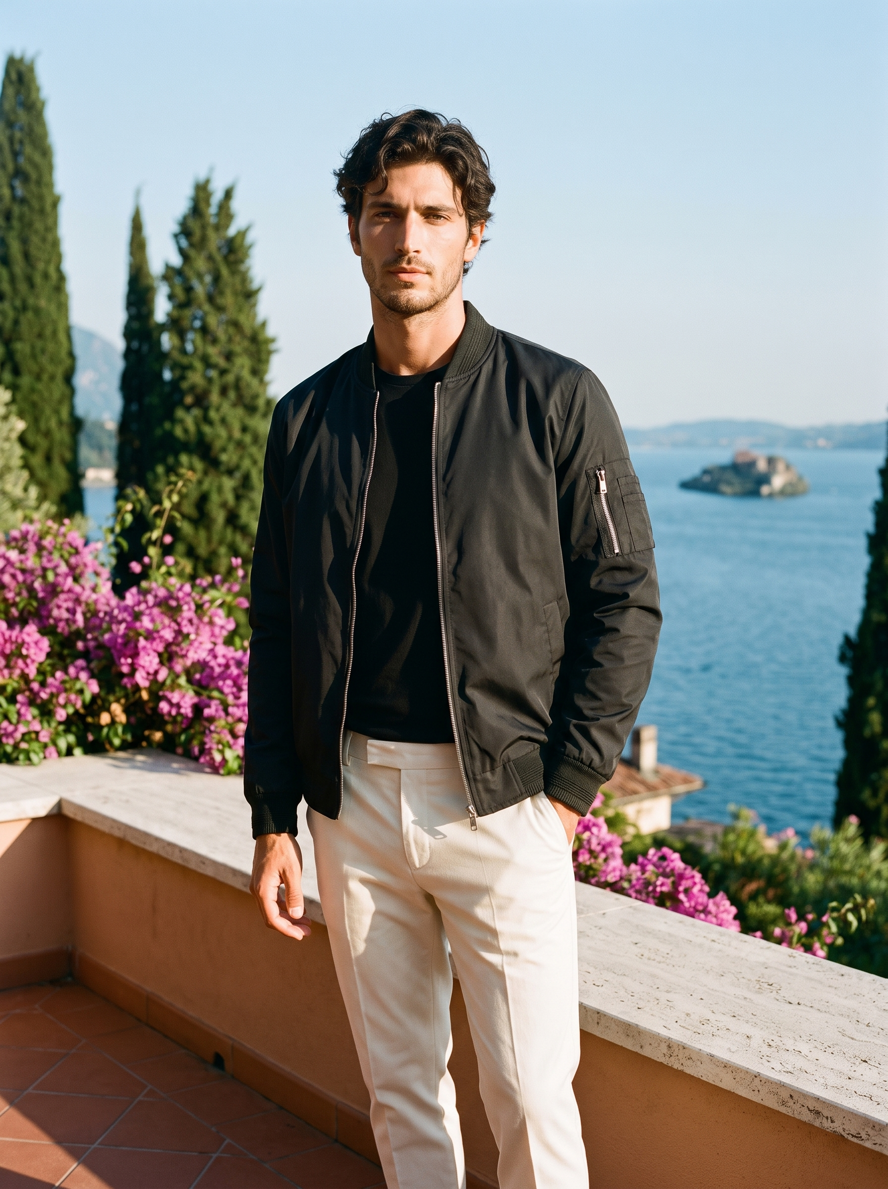 Black bomber jacket full body front view — Aveloire