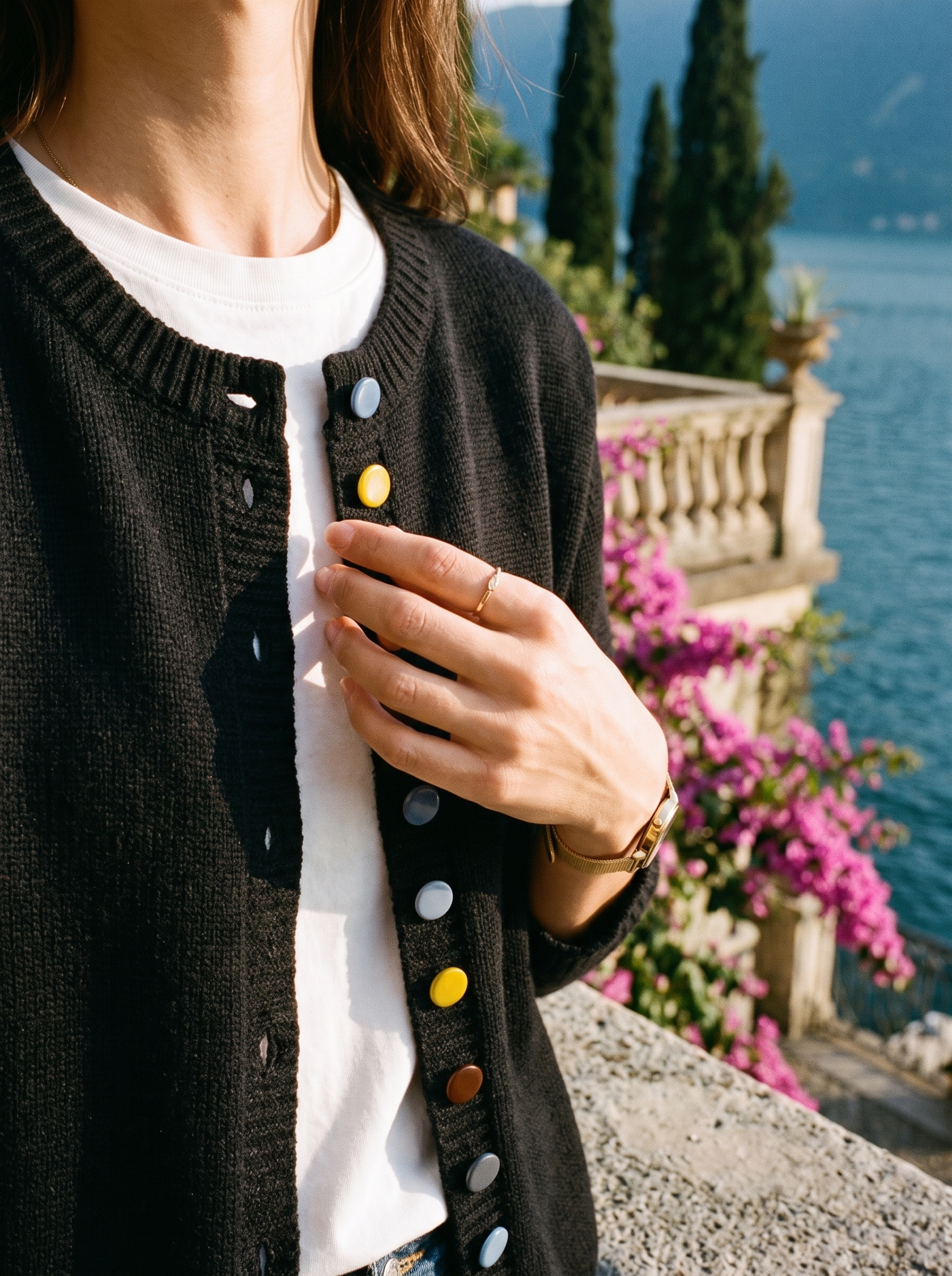 Black button cardigan decorative button detail, old money style — Aveloire