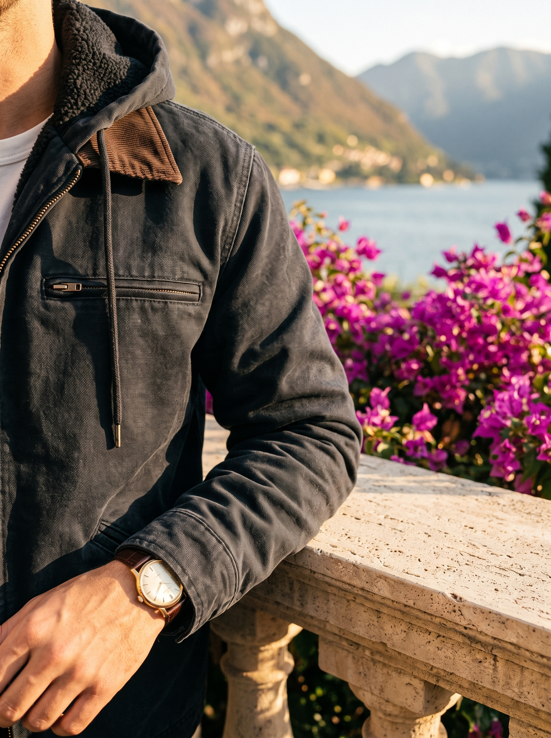 Black hooded canvas jacket collar and zip detail with gold watch, Lake Como, old money style — Aveloire
