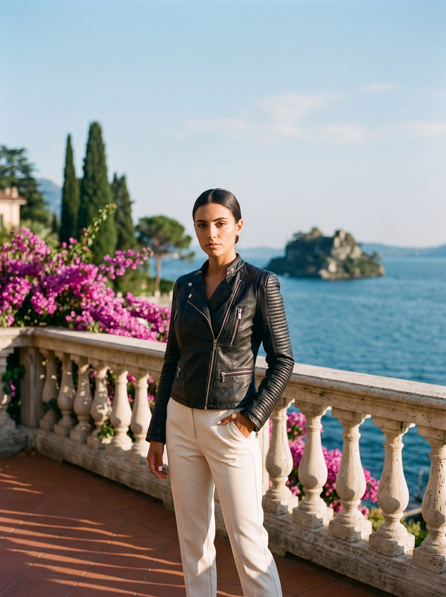 Black leather jacket full body front view — Aveloire