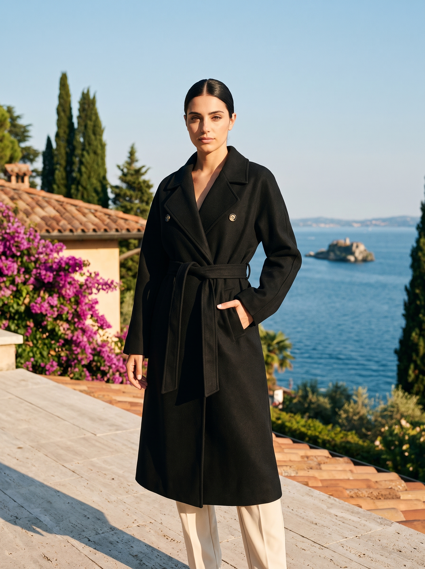 Black longline winter trench coat full body front view — Aveloire