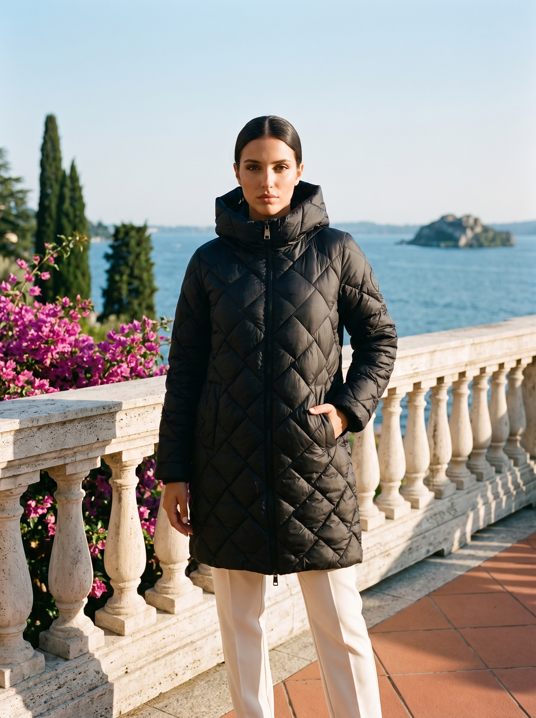 Black quilted coat full body front view — Aveloire