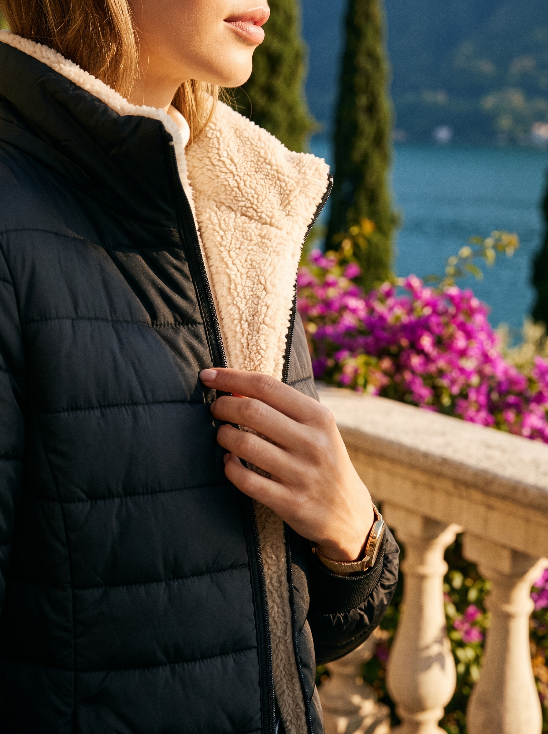 Black sherpa winter coat collar fleece detail — Aveloire