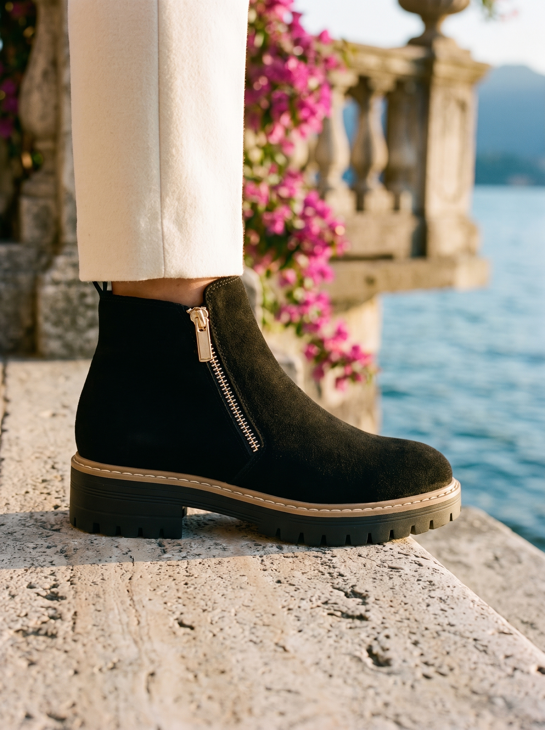 Detail of gold-tone side zip on black suede-look ankle boot