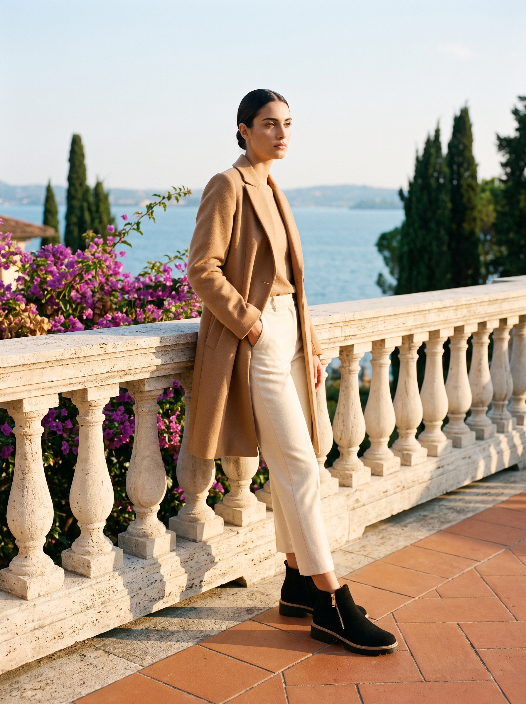 Black suede-look ankle boots styled with cream trousers and camel coat