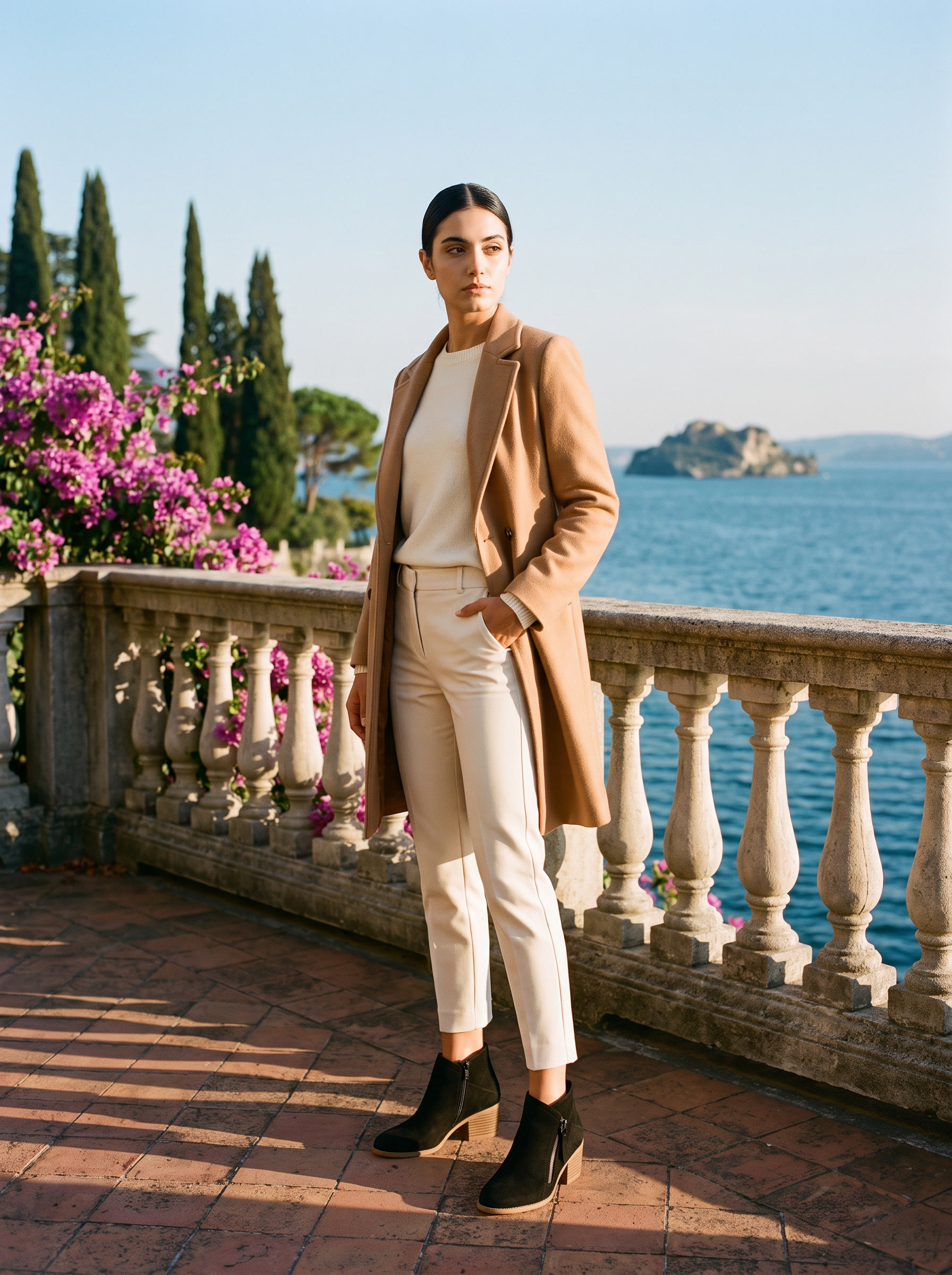 Full body front view of black suede side zip ankle boots with cream trousers and camel coat — Aveloire