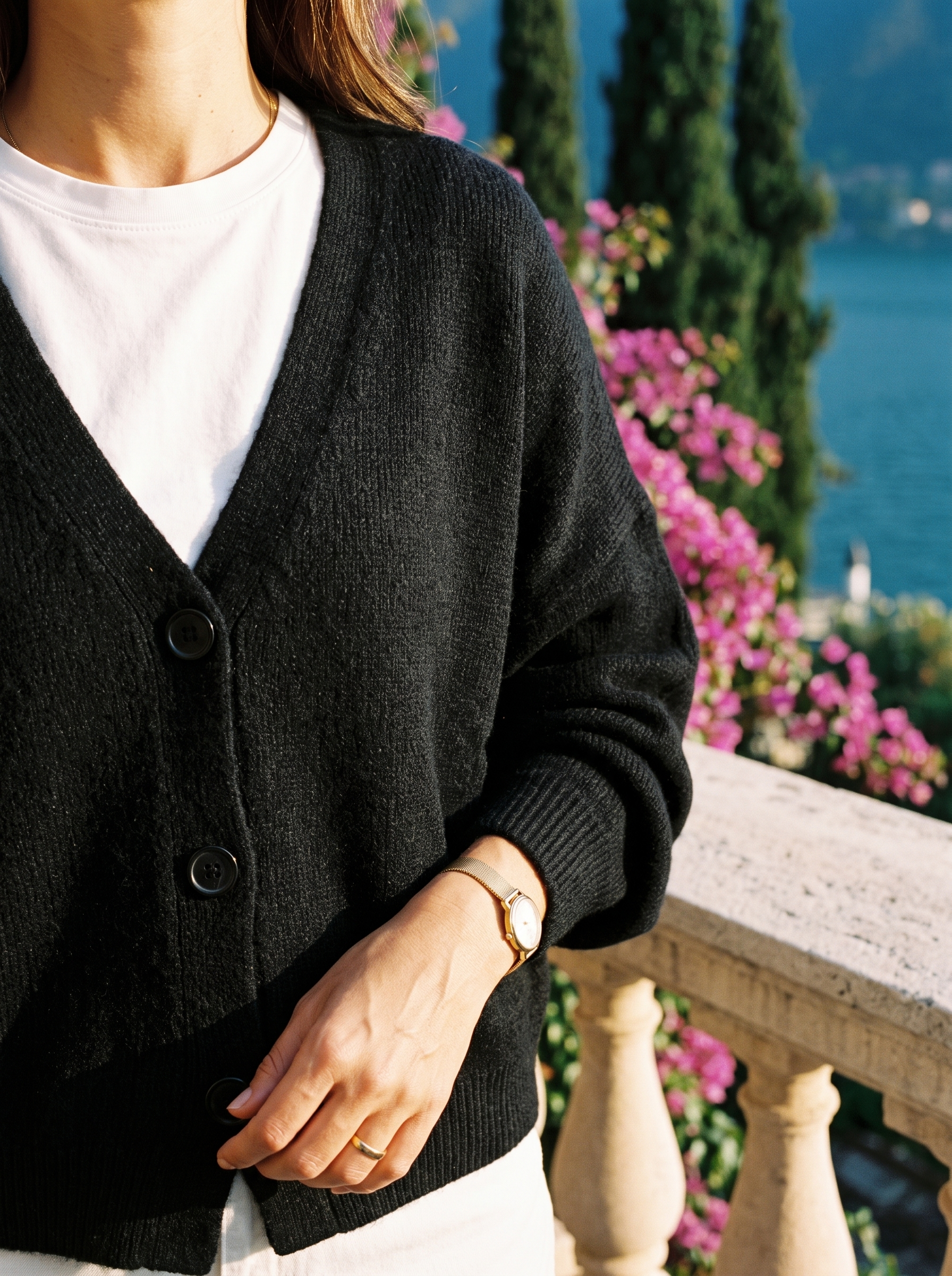 Black V-neck cardigan collar and button detail, old money style — Aveloire