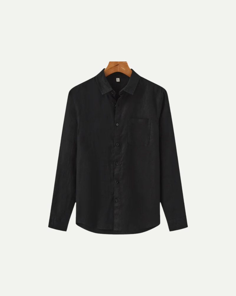 Black linen button up shirt men long sleeve breathable minimalist shirt