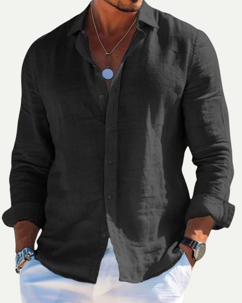 Black men long sleeve button up shirt relaxed fit minimalist cotton blend shirt