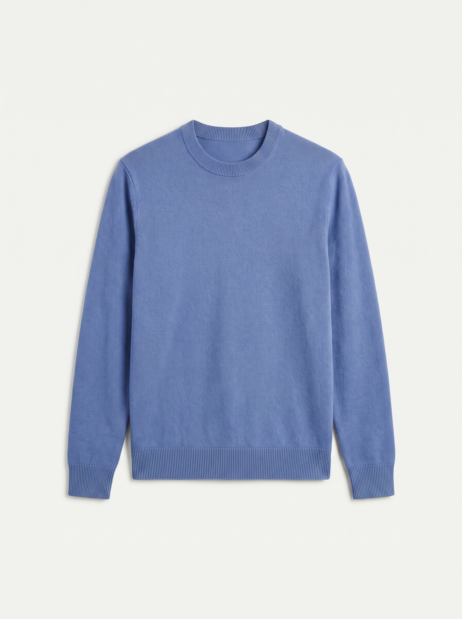Blue 100% wool crewneck sweater, flat lay product photo — Julien by Aveloire