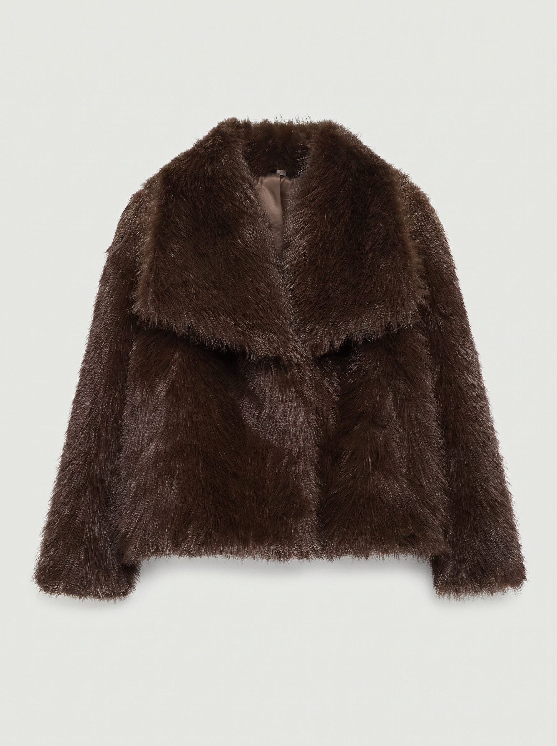 Brown cropped faux fur coat flat lay product photo — Cathy by Aveloire