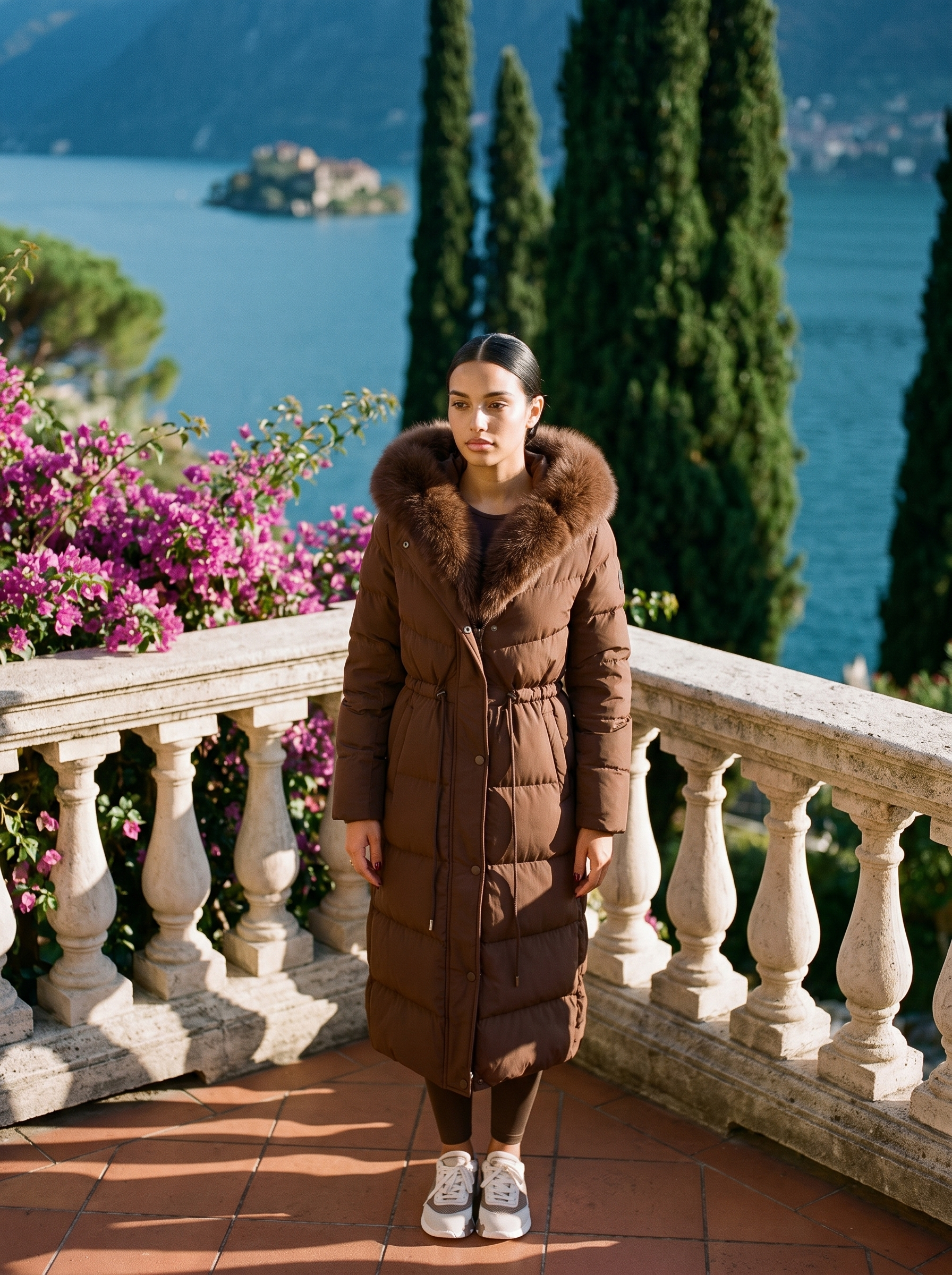 Brown fur-hood longline puffer coat full length front view