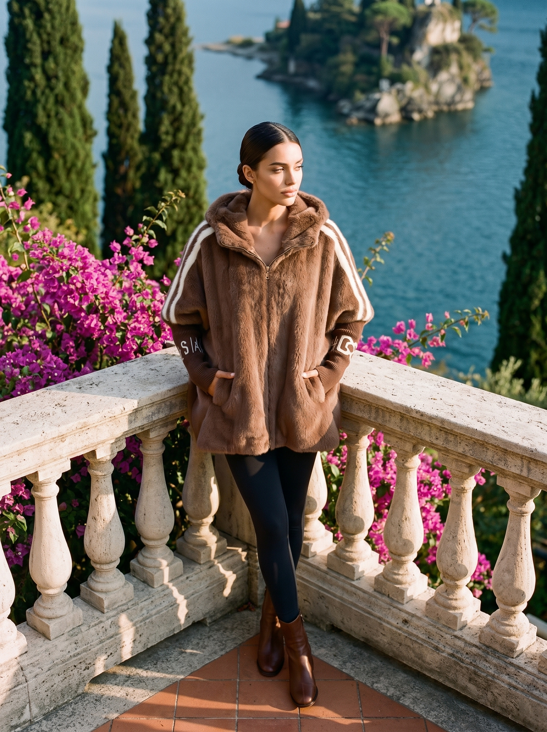 Brown oversized hooded faux fur coat full length front view