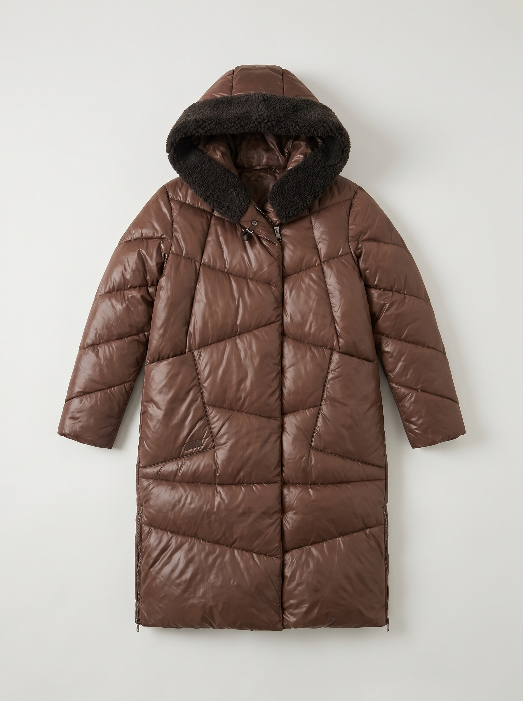 Brown quilted hooded puffer coat flat lay product photo — Tahlia by Aveloire