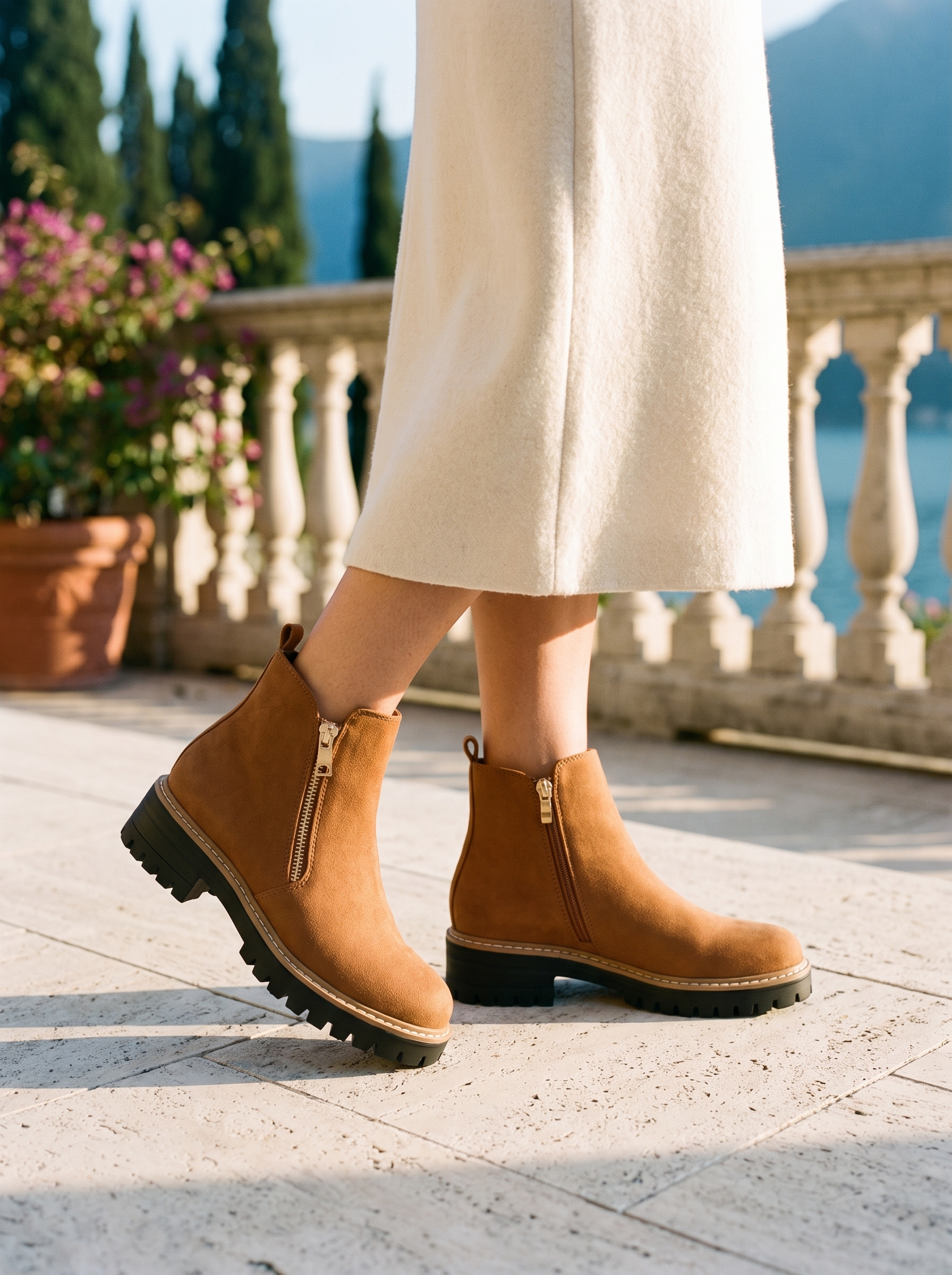 Brown suede-look lug sole ankle boots with gold side zip