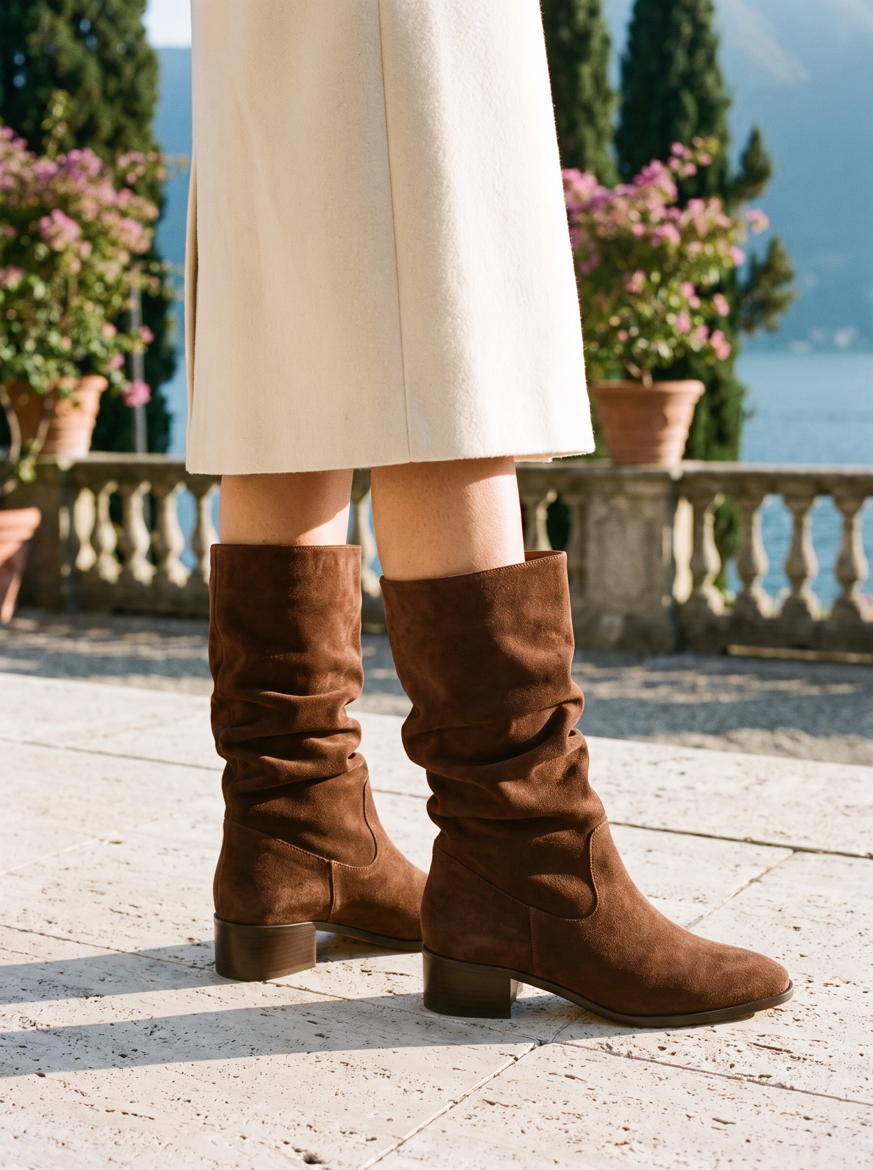Brown suede-look slouch mid-calf boots with pointed toe and block heel