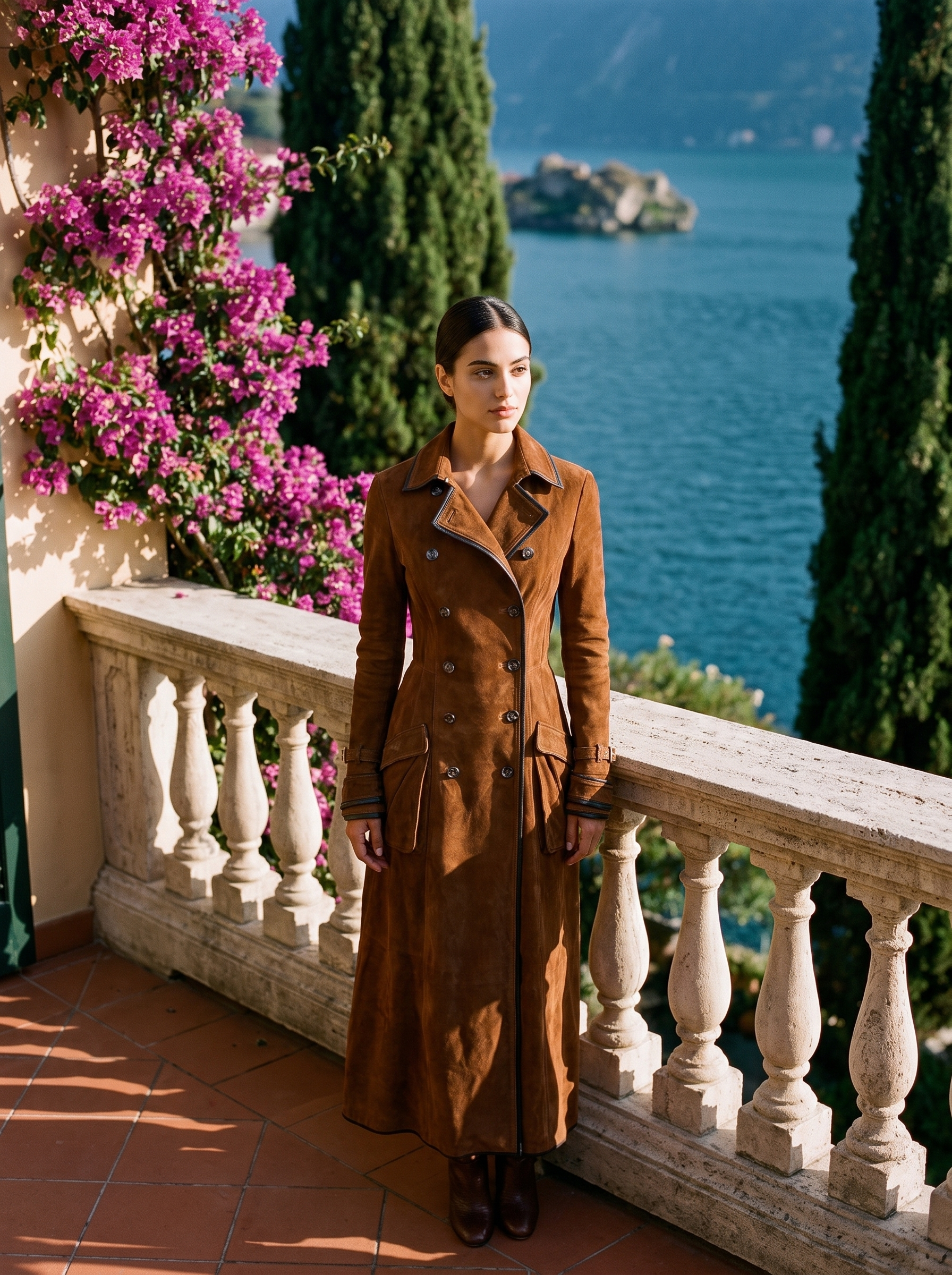 Cognac brown suede double-breasted trench coat full length front view