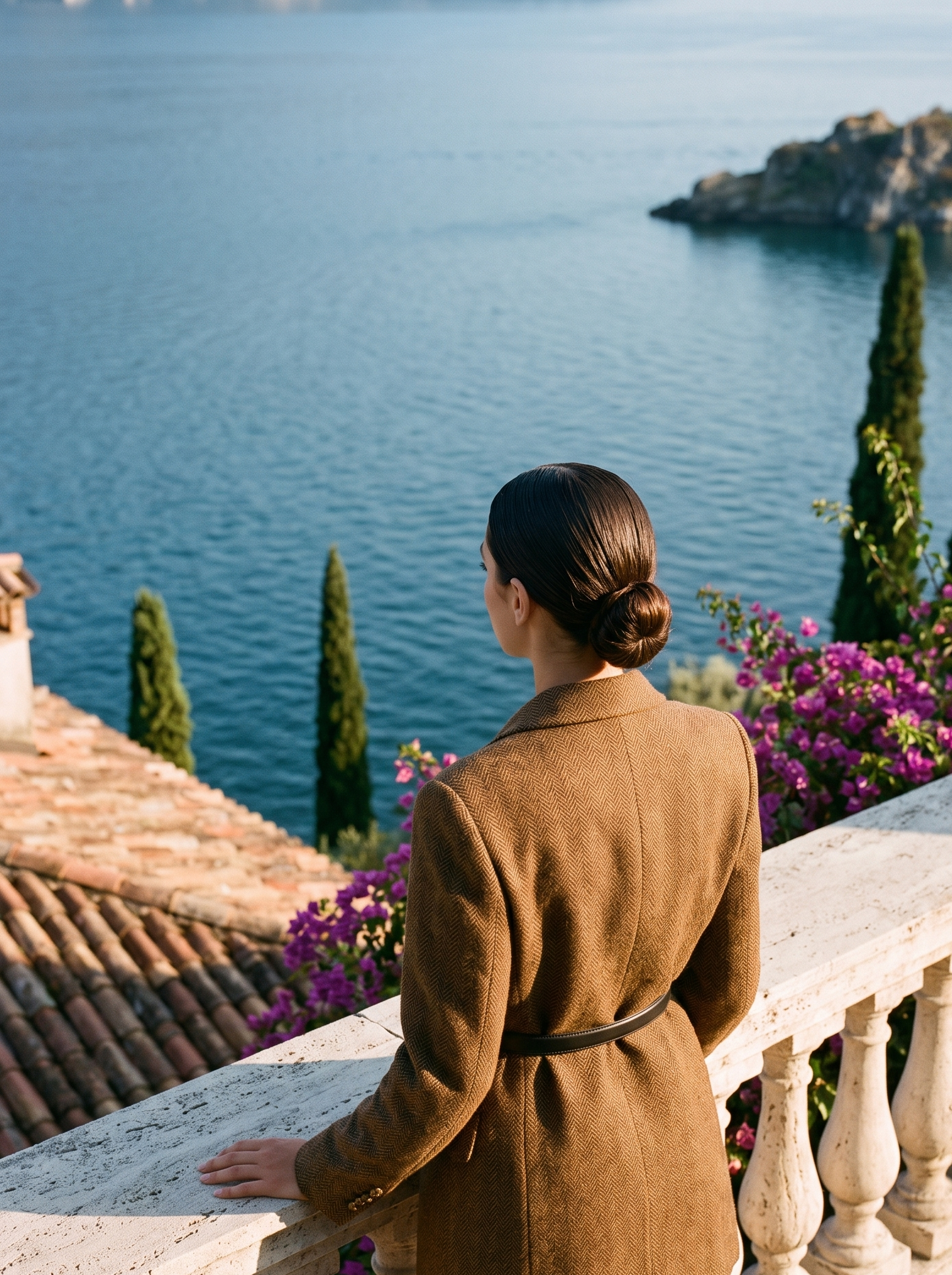 Back view of a brown tweed blazer on a Lake Como terrace — Aveloire