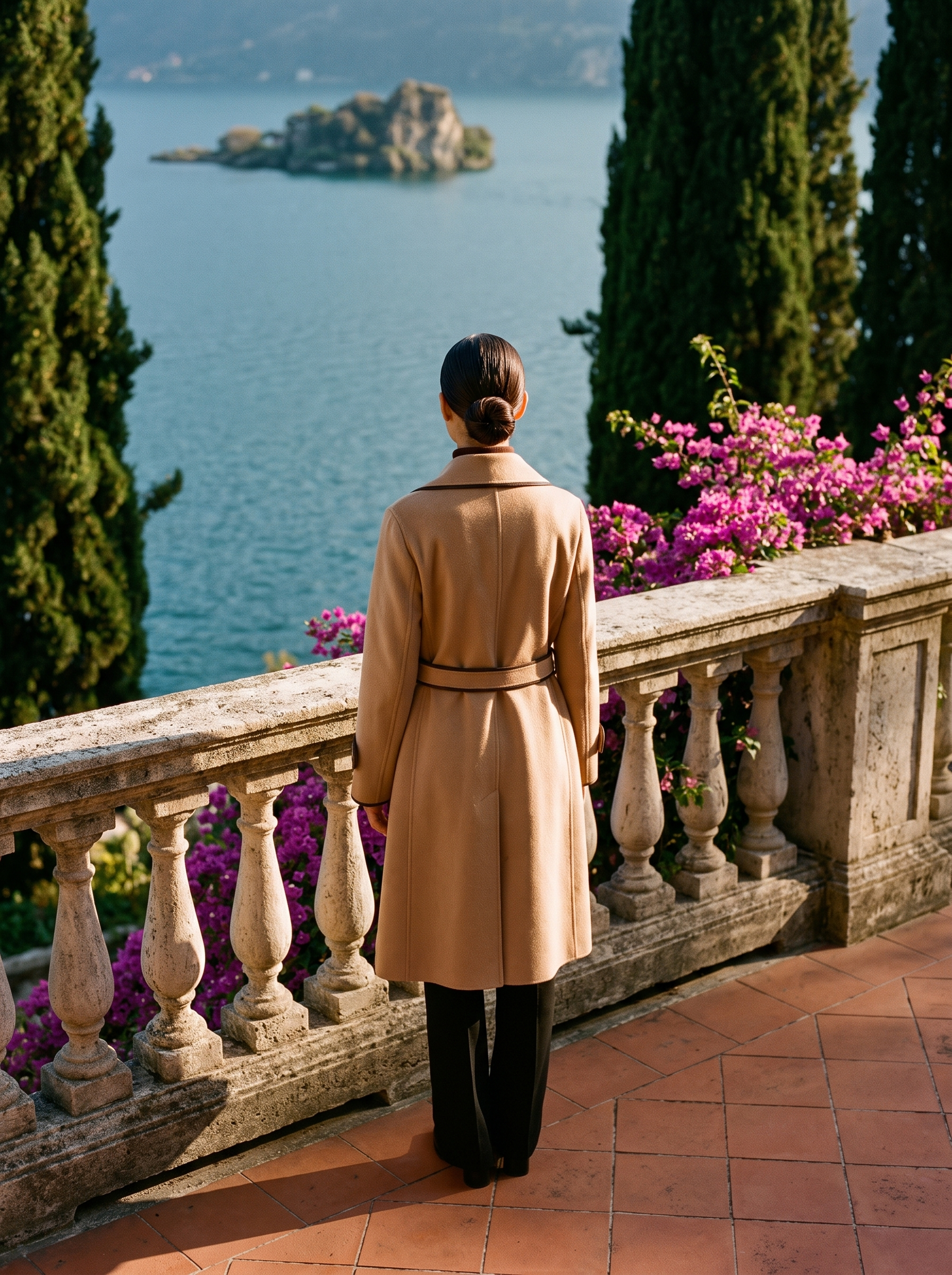 Back view of a camel contrast-trim wool wrap coat on a Lake Como terrace — Aveloire