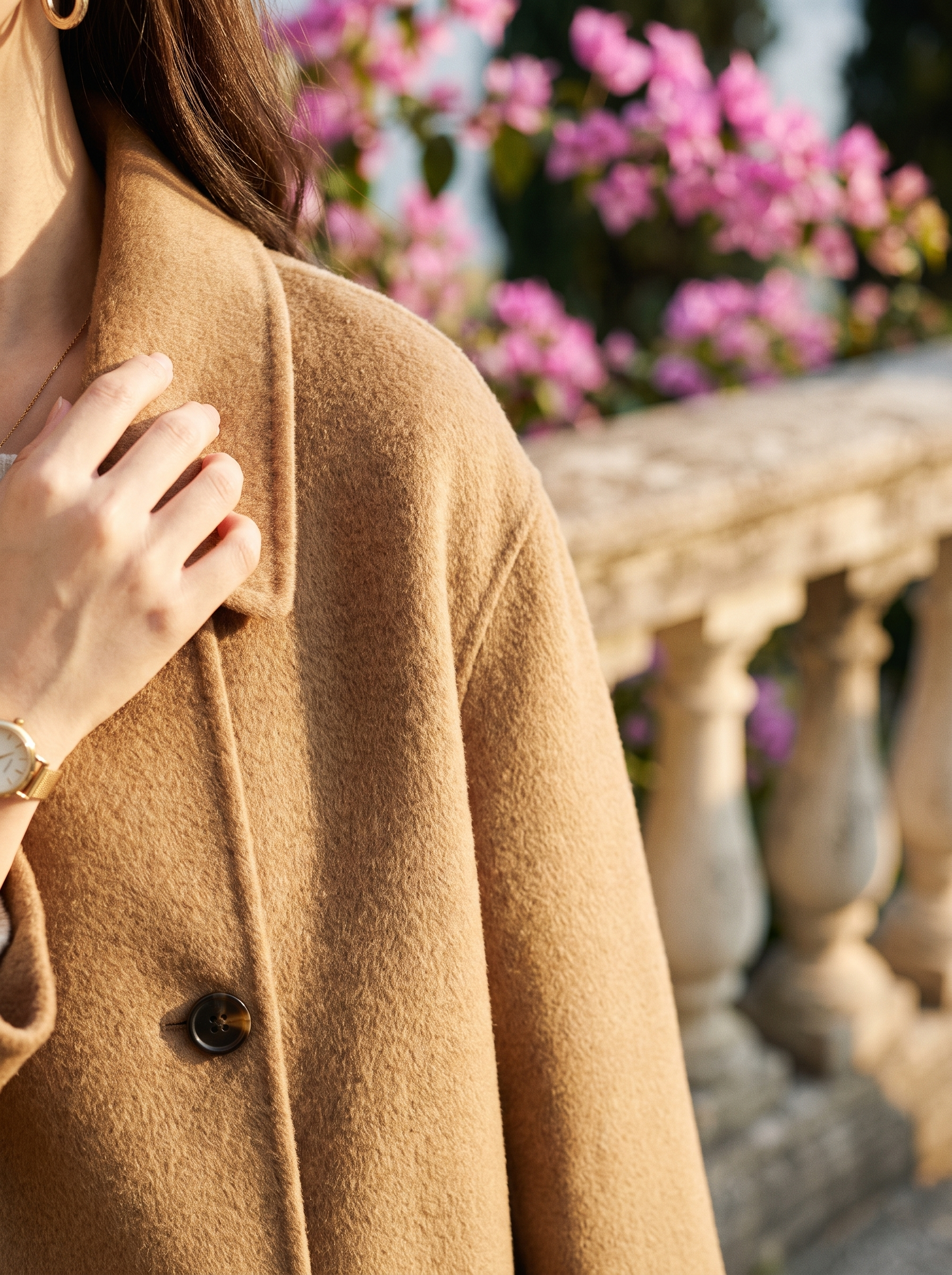 Close-up of the point collar and buttons on a camel double-breasted wool coat — Aveloire