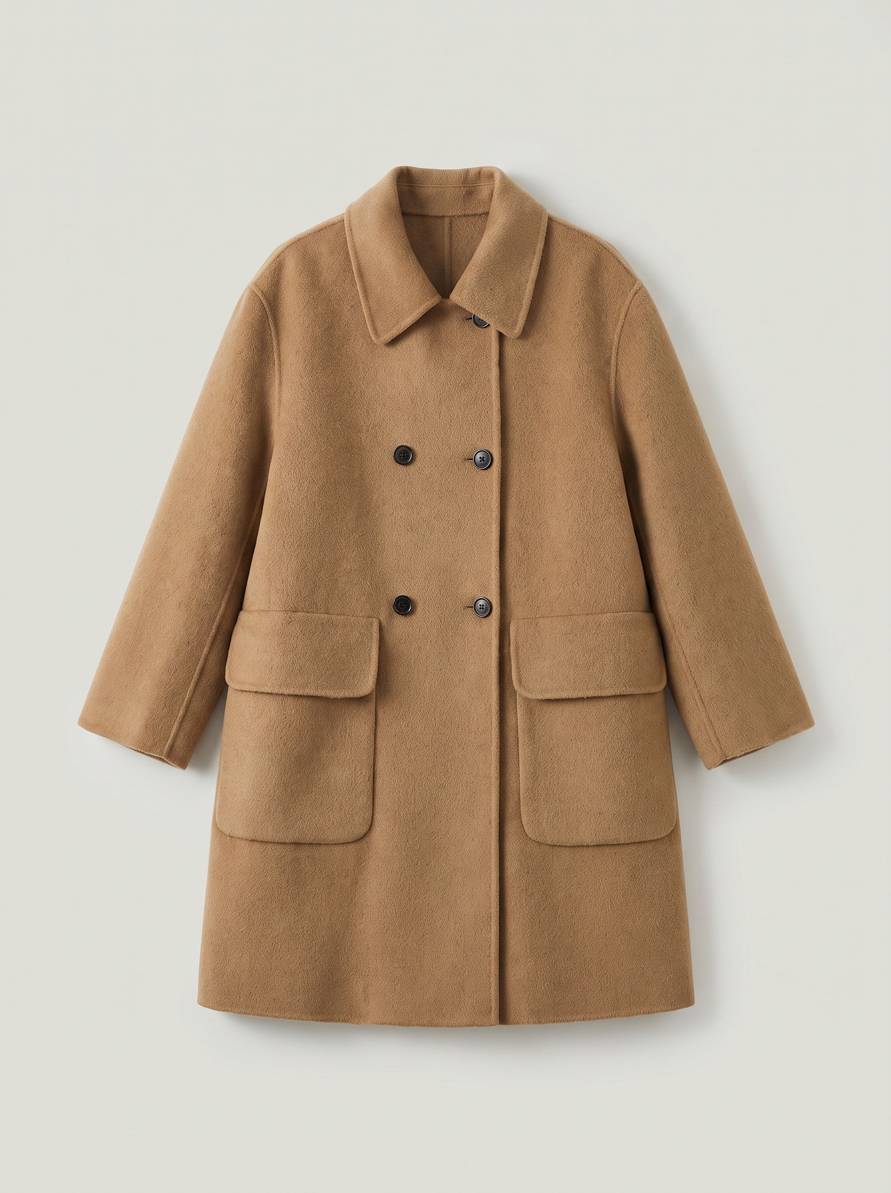 Camel double-breasted wool coat flat lay product photo — Sienna by Aveloire