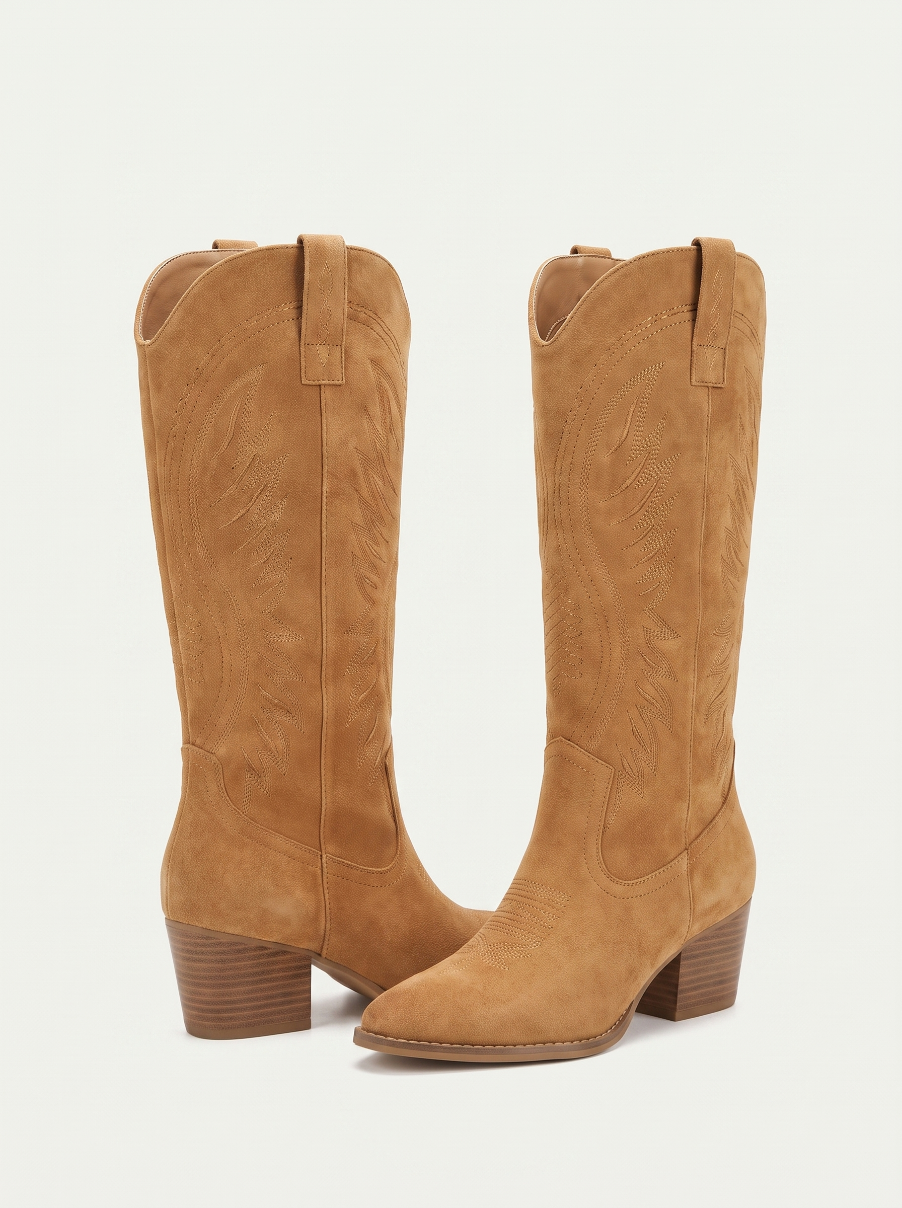Camel embroidered western knee high boots flat lay product photo — Kith by Aveloire