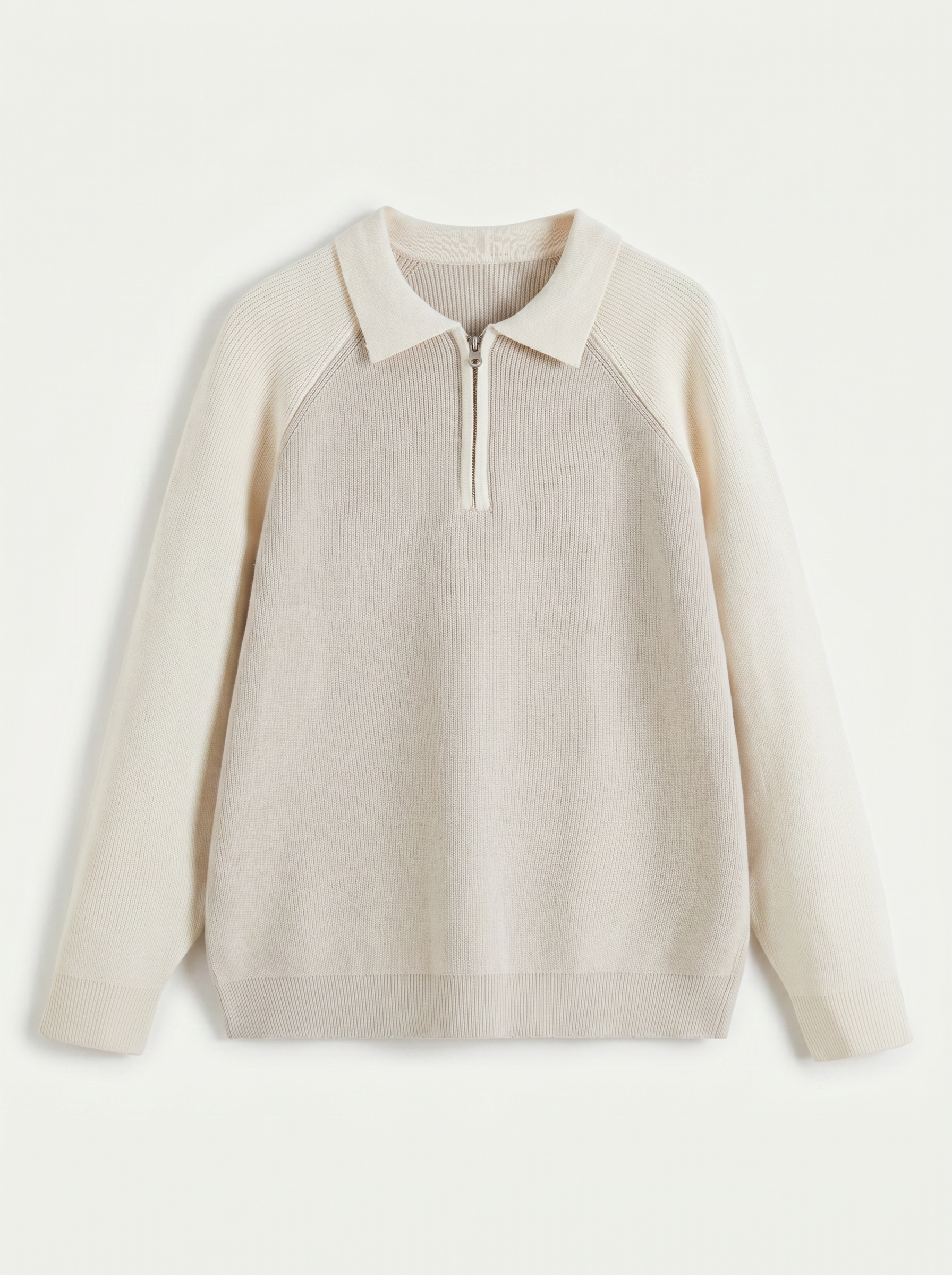 Cream two-tone half-zip knit polo sweater, flat lay product photo — Séverin by Aveloire