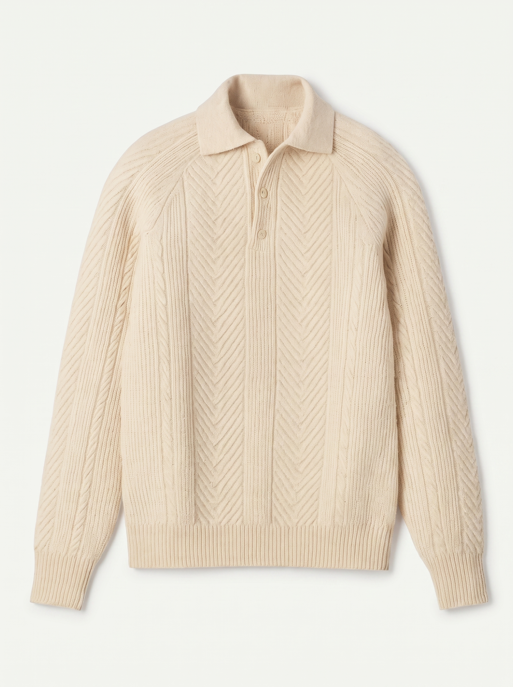 Cream herringbone knit polo sweater with button collar, flat lay product photo — Étias by Aveloire