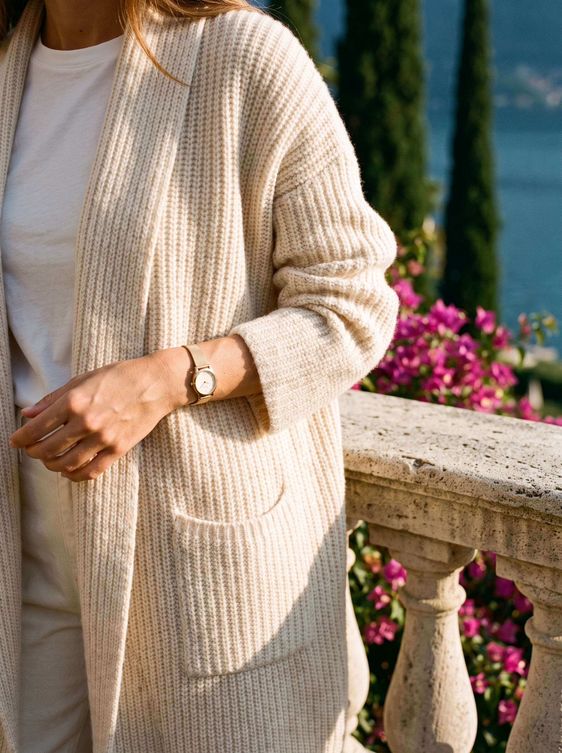 Cream knit cardigan patch pocket detail, old money style — Aveloire
