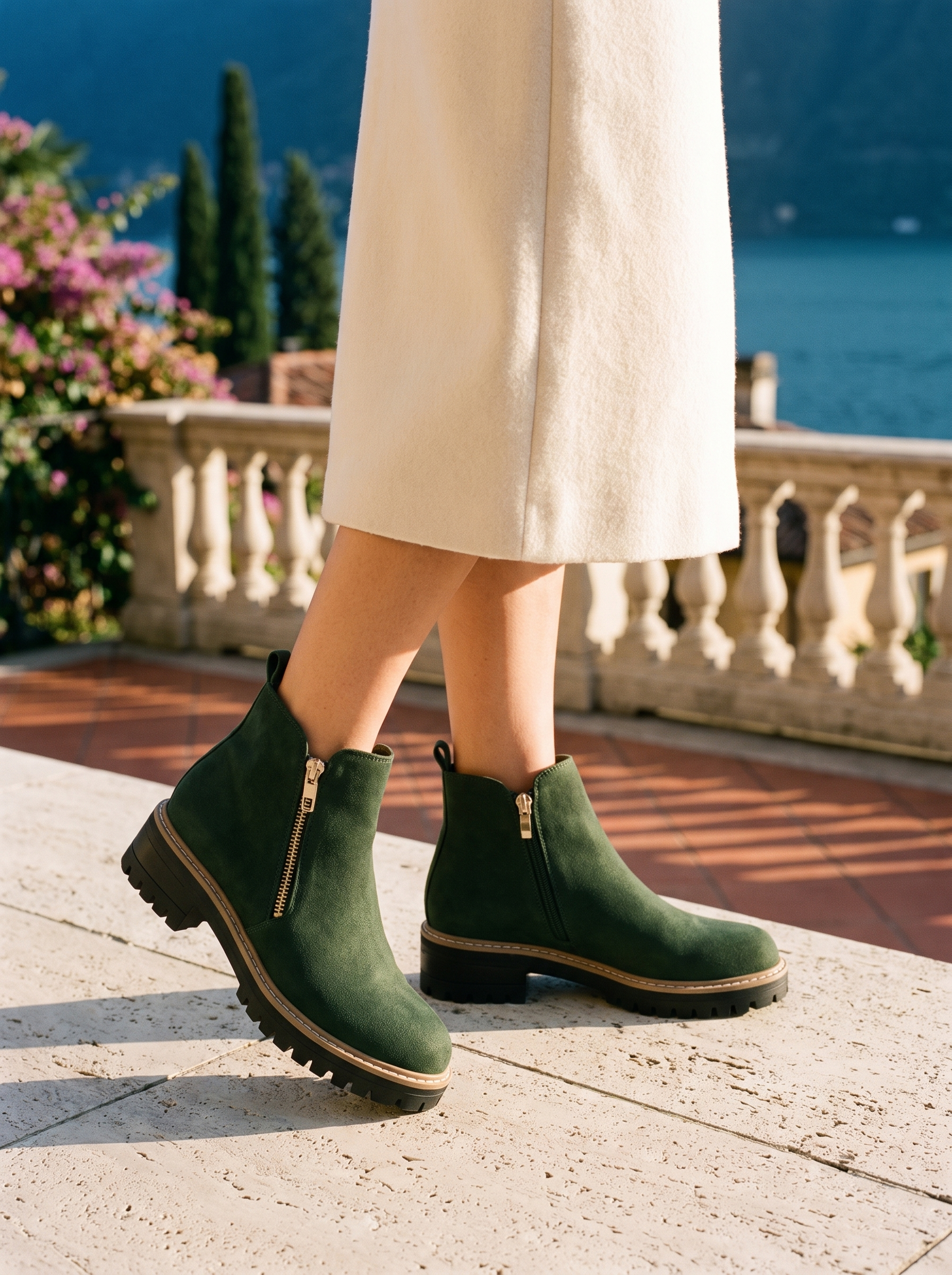 Dark green suede-look lug sole ankle boots with gold side zip