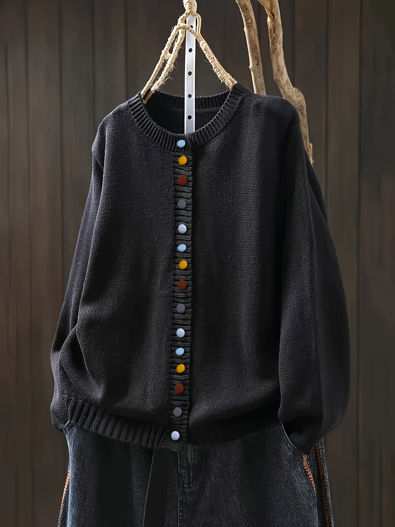 Women's round neck button cardigan hero — old money style, Aveloire
