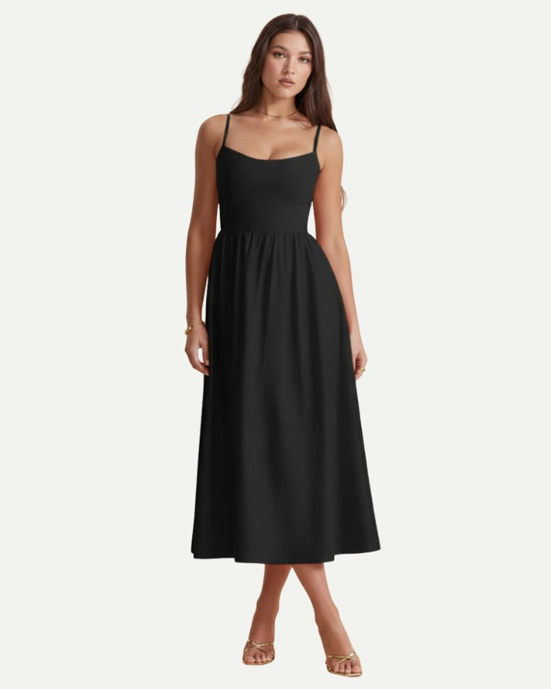 Women's Floral A-Line Midi Dress in Black – Strap Bodice, A-Line | Aveloire