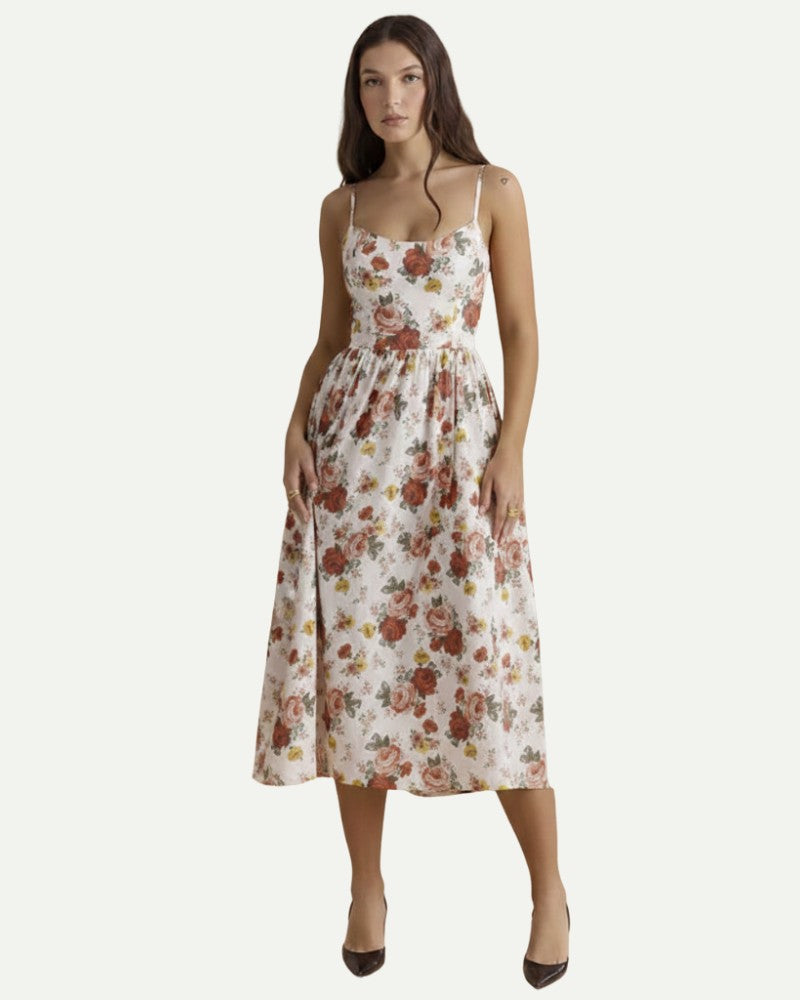 Women's Floral A-Line Midi Dress in Floral – Strap Bodice, A-Line | Aveloire