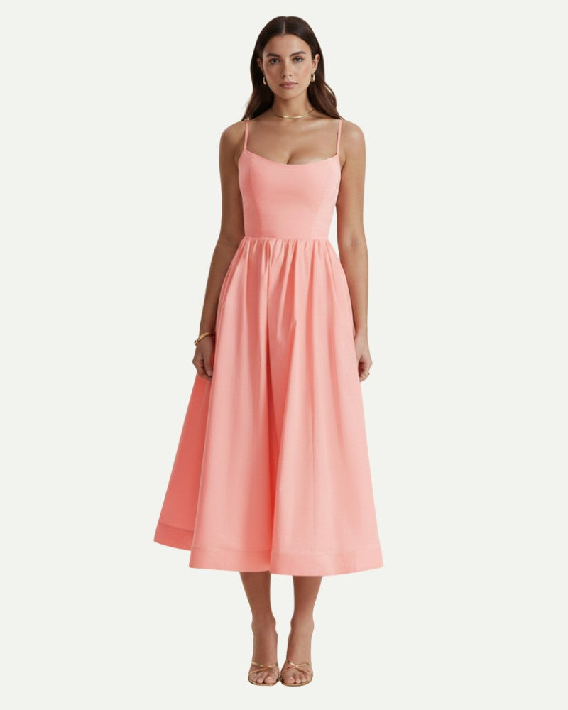 Women's Floral A-Line Midi Dress in Pink – Strap Bodice, A-Line | Aveloire