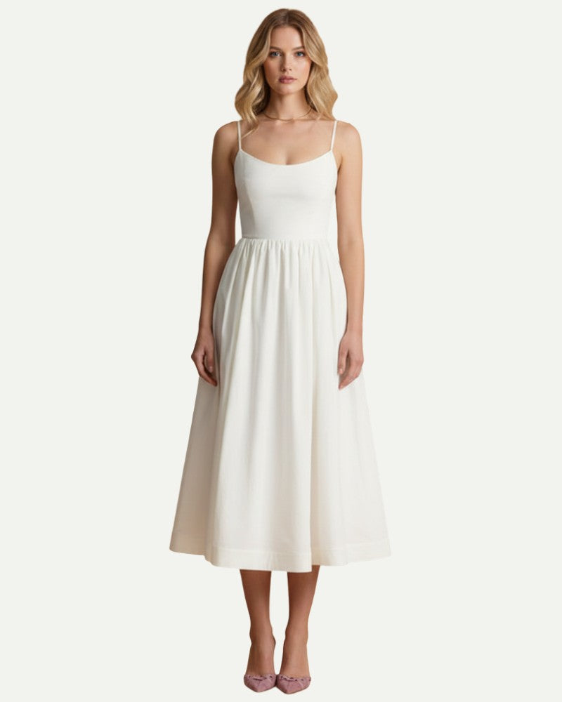 Women's Floral A-Line Midi Dress in White – Strap Bodice, A-Line | Aveloire