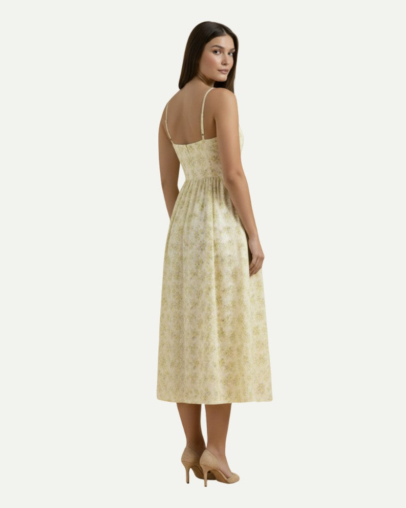 Women's Floral A-Line Midi Dress in Yellow – Strap Bodice, A-Line | Aveloire