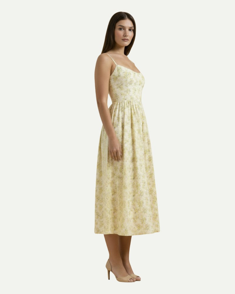 Women's Floral A-Line Midi Dress in Yellow – Strap Bodice, A-Line | Aveloire