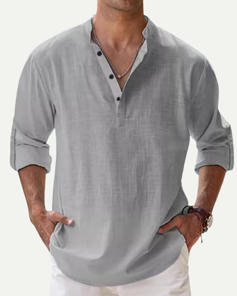 Men’s gray linen pullover shirt relaxed fit worn on model