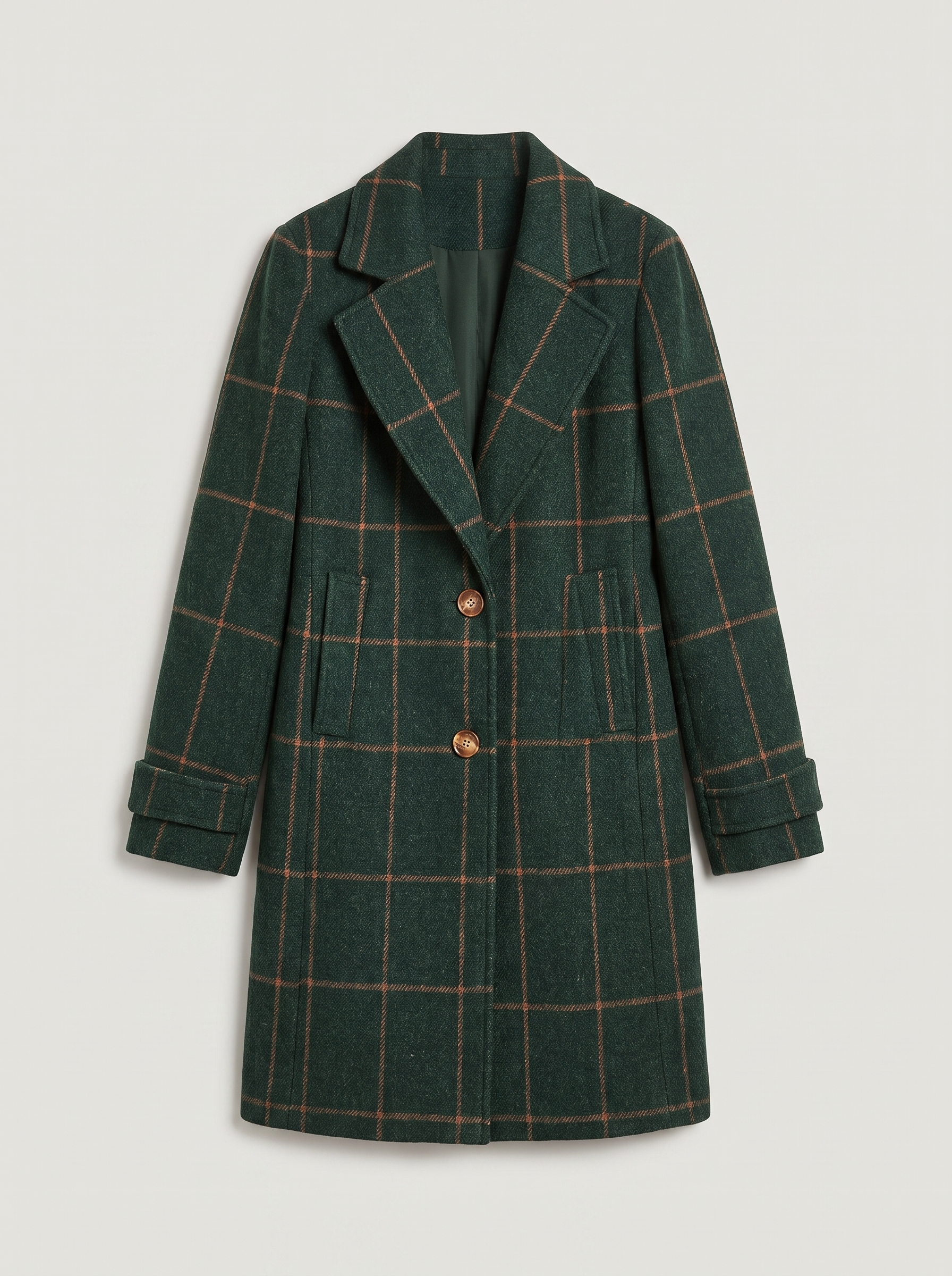 Green windowpane-check wool coat flat lay product photo — Mailey by Aveloire