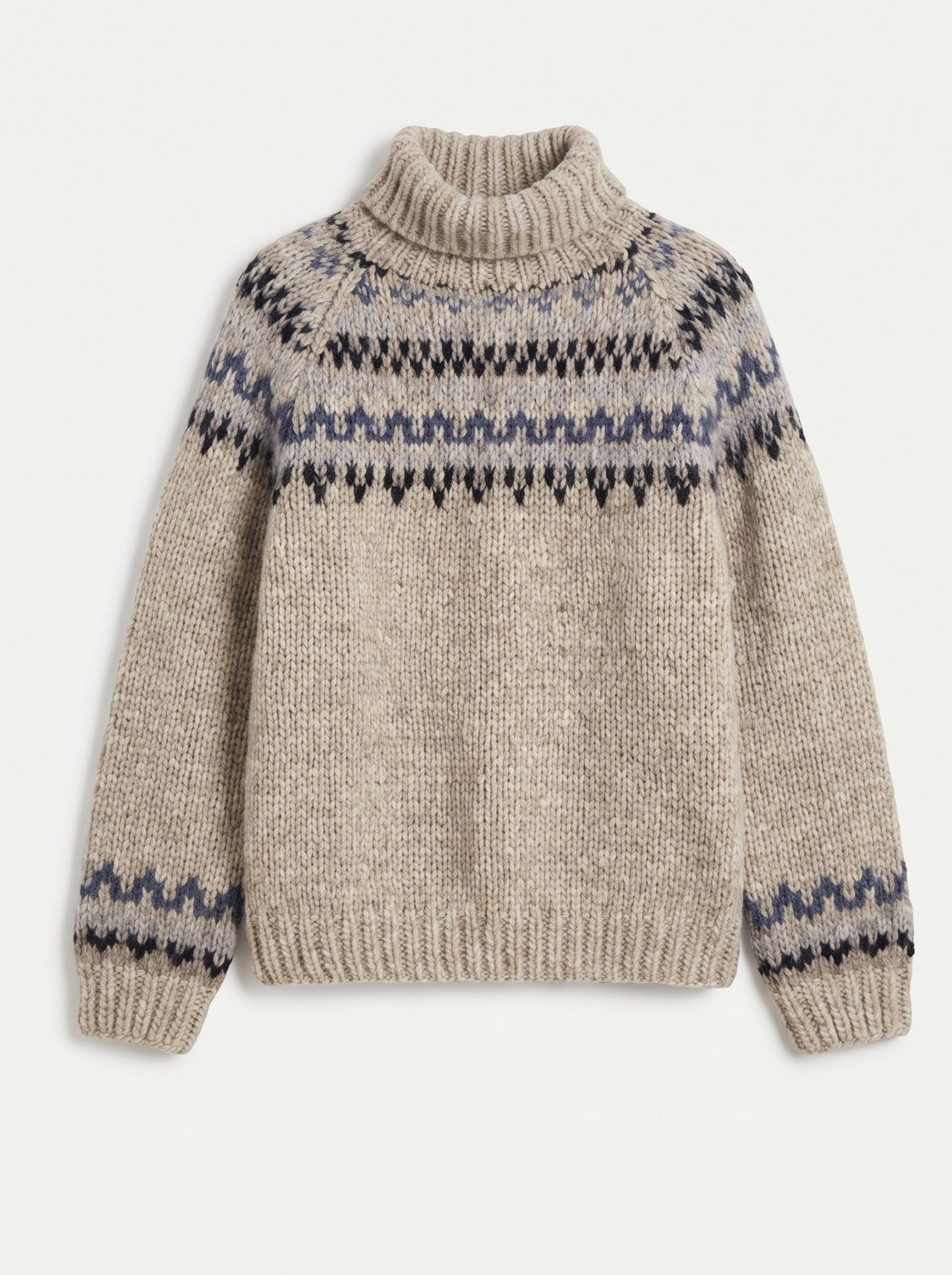 Grey chunky Fair Isle roll-neck jumper flat lay product photo — Adelina by Aveloire