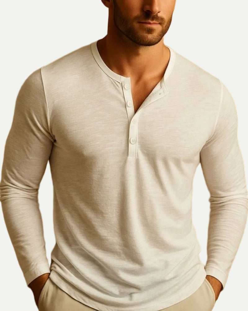 Men's Long Sleeve Henley Shirt in White – Button Placket, Relaxed Fit | Aveloire