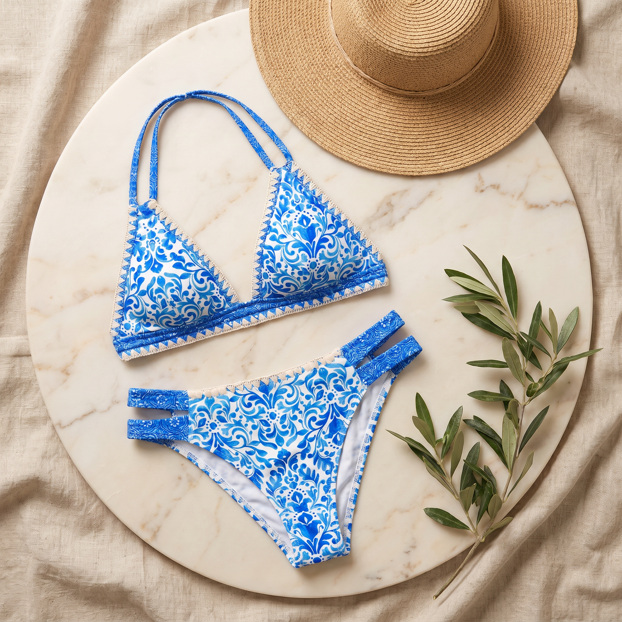 Blue and white triangle halter bikini set flat lay