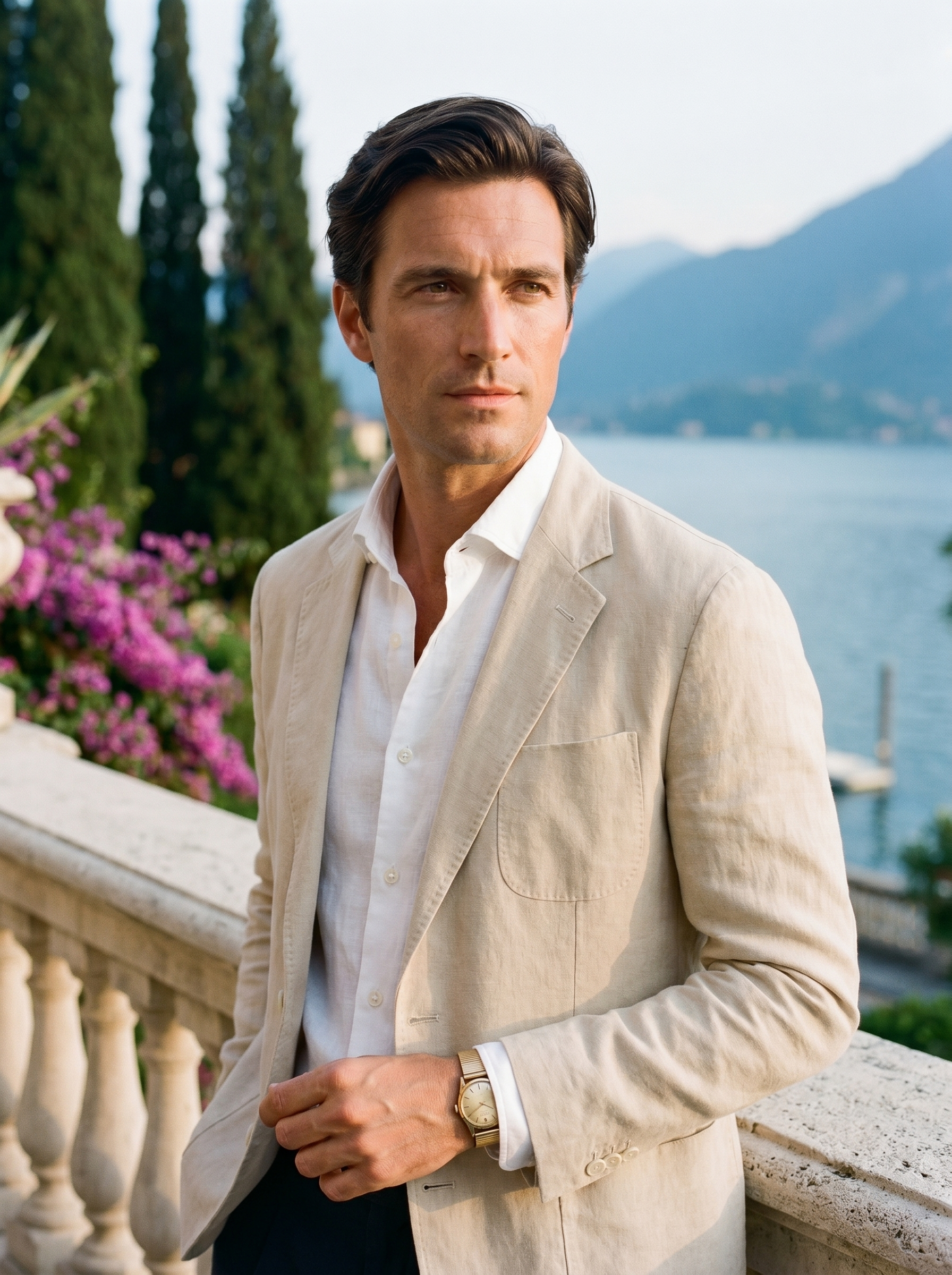Mens beige linen cotton blazer with notch lapel and white linen shirt close up portrait on Lake Como balcony Aveloire